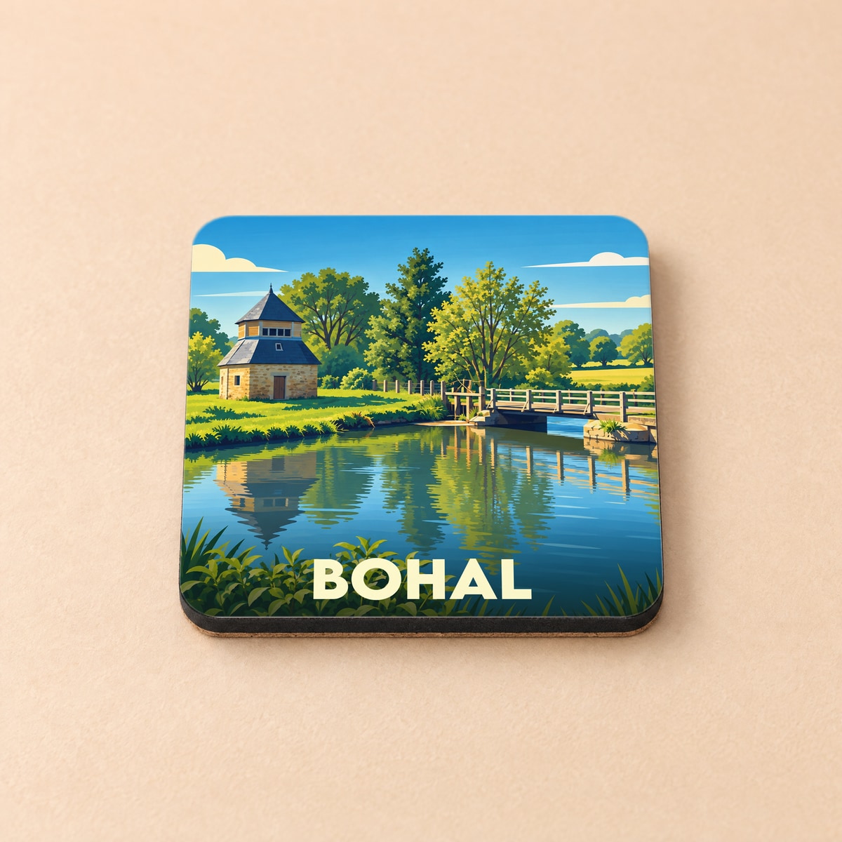 Dessous de verre souvenir de la ville de Bohal avec une illustration stylisée d'un paysage fluvial.