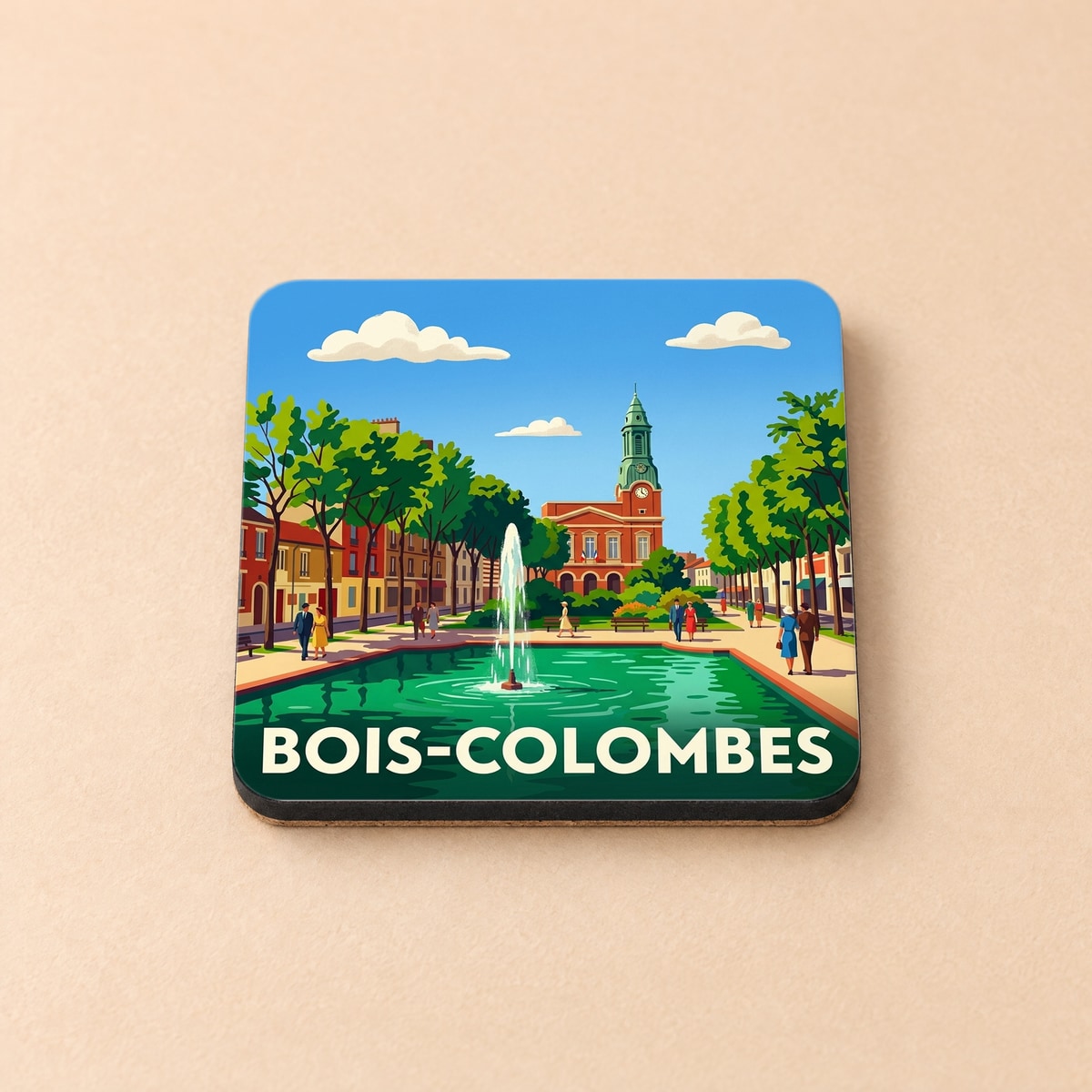 Dessous de verre souvenir de la ville de Bois-Colombes avec une illustration stylisée d'une place animée et sa fontaine.