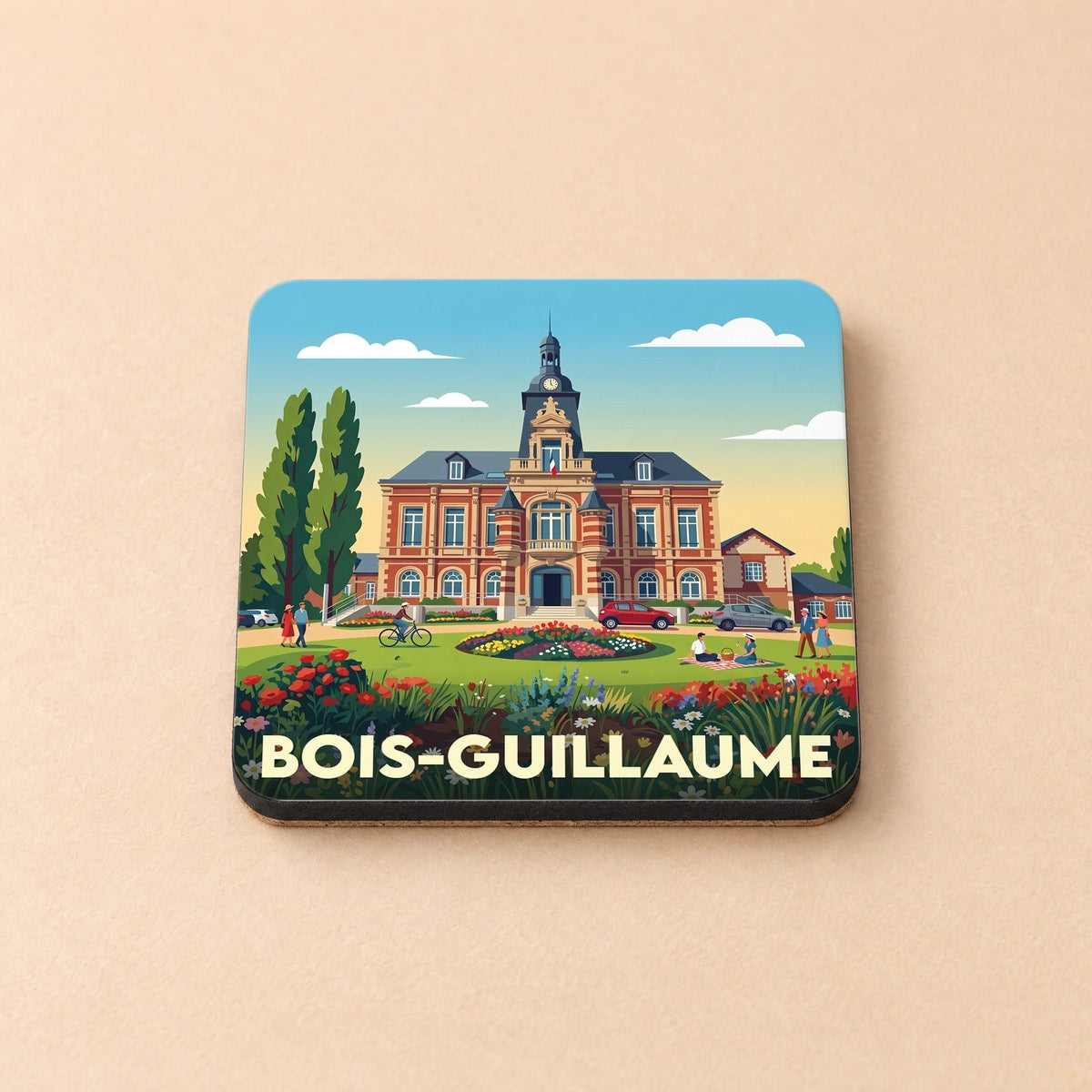 Dessous de verre souvenir de la ville de Bois-Guillaume avec une illustration stylisée de son hôtel de ville.