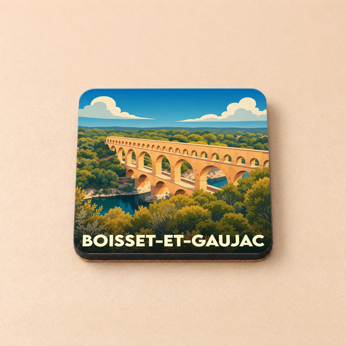 Dessous de verre souvenir de la ville de Boisset-et-Gaujac illustrant le célèbre Pont du Gard dans un style graphique épuré.