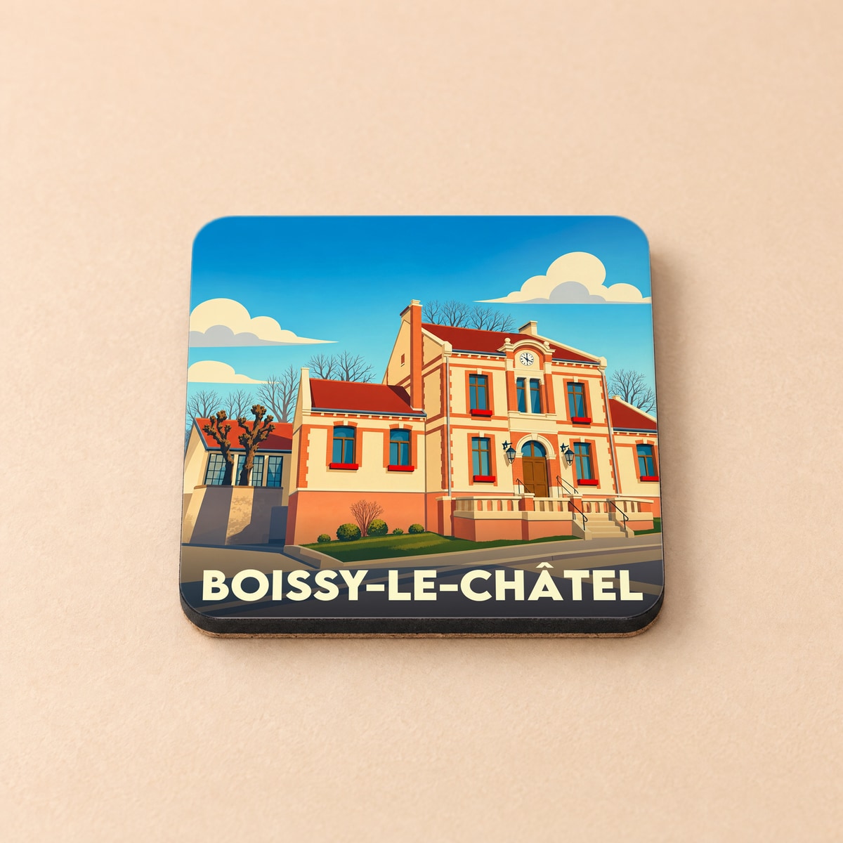 Dessous de verre souvenir de la ville de Boissy-le-Châtel avec une illustration stylisée de la mairie.