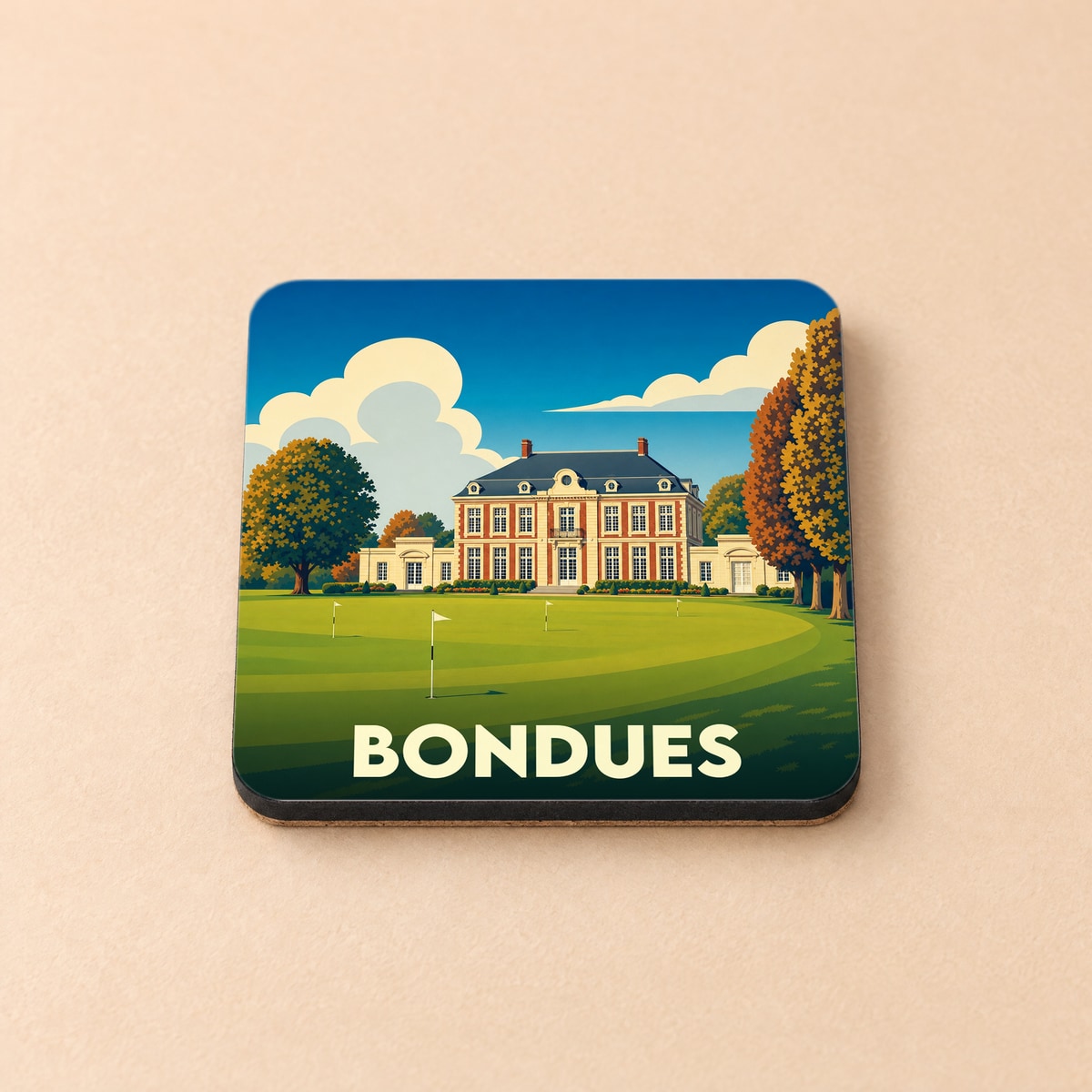 Dessous de verre souvenir de la ville de Bondues illustré par un château en bordure de golf dans un style rétro.