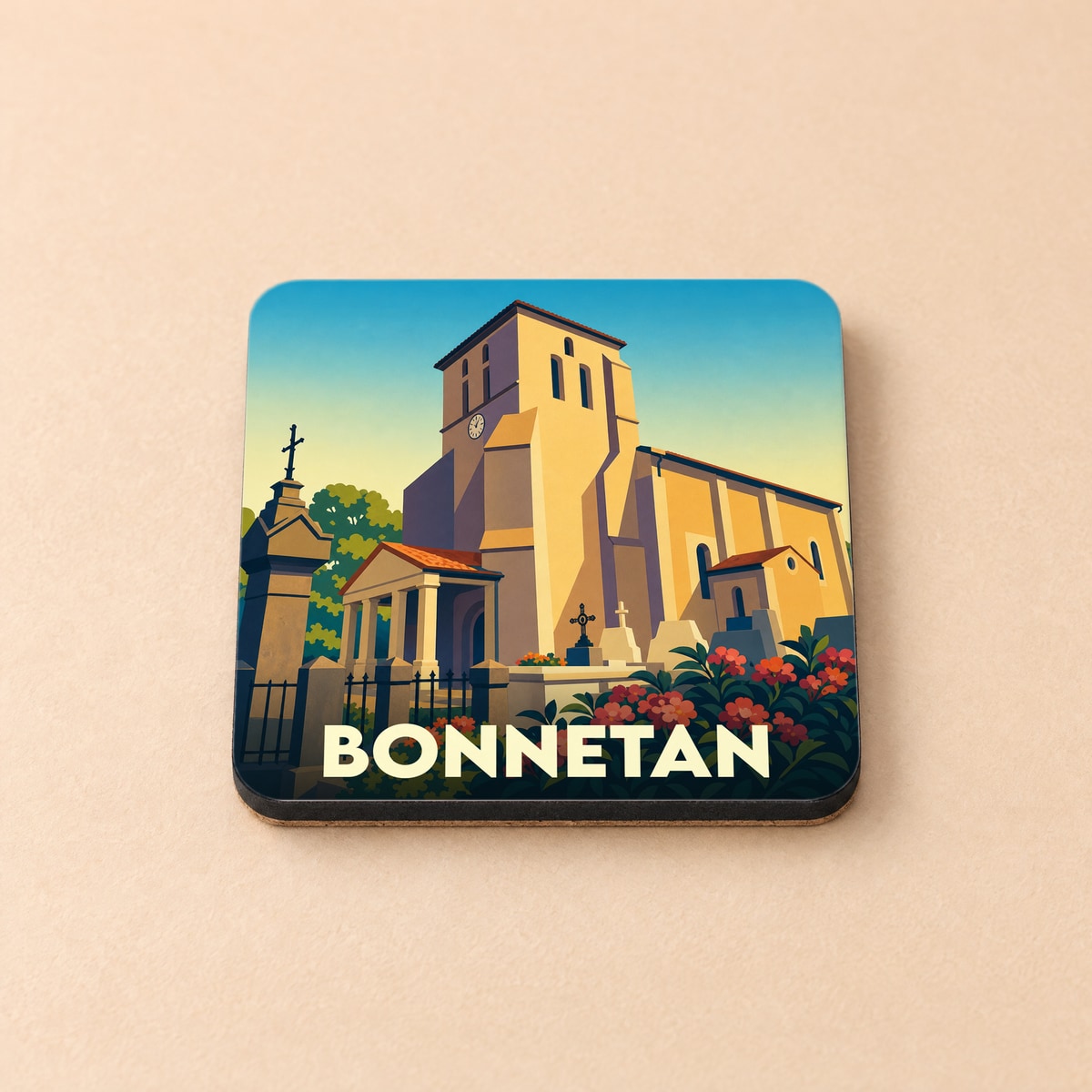 Dessous de verre souvenir de la ville de Bonnetan avec une illustration stylisée d'une église.