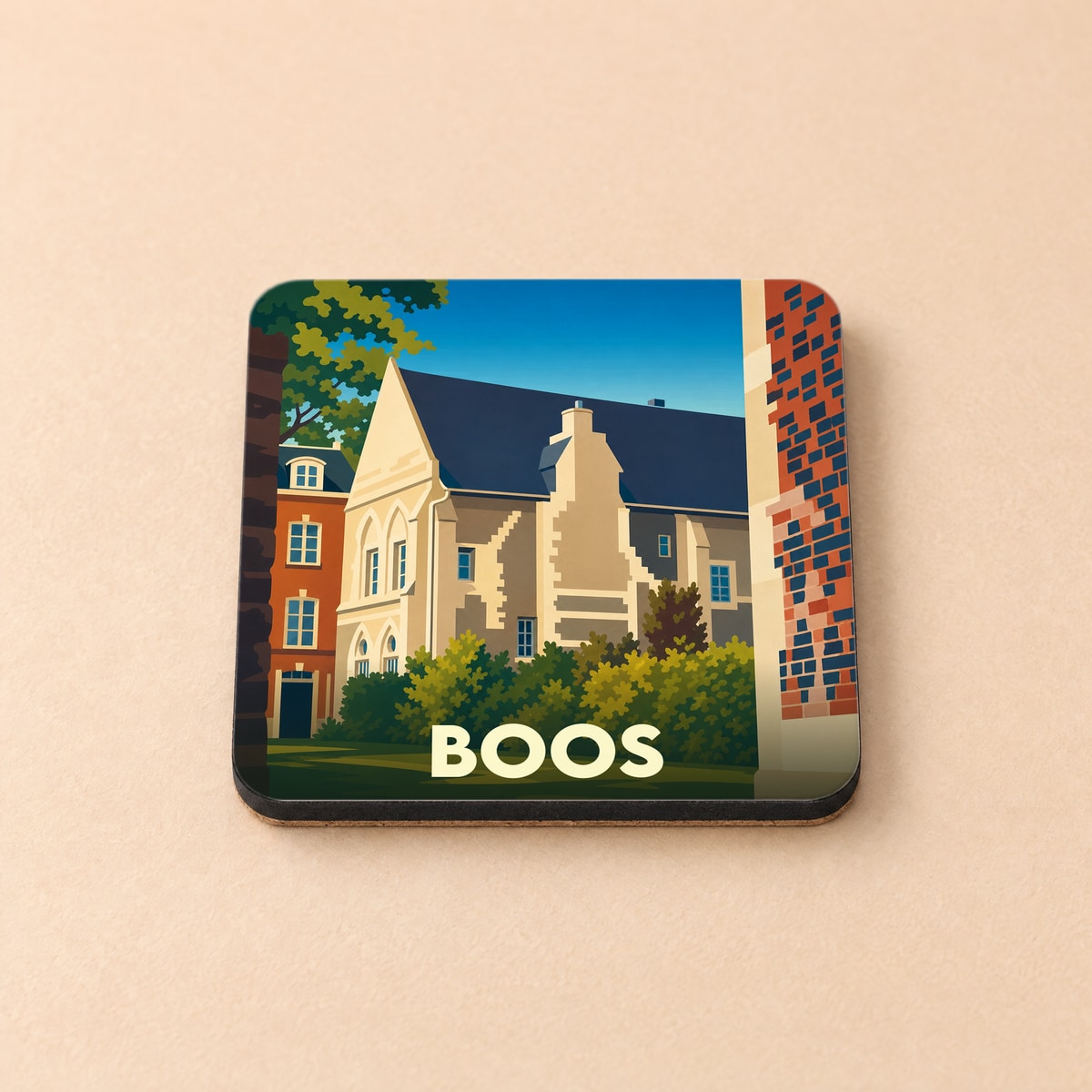 Dessous de verre souvenir de la ville de Boos avec une illustration stylisée d'architecture historique.