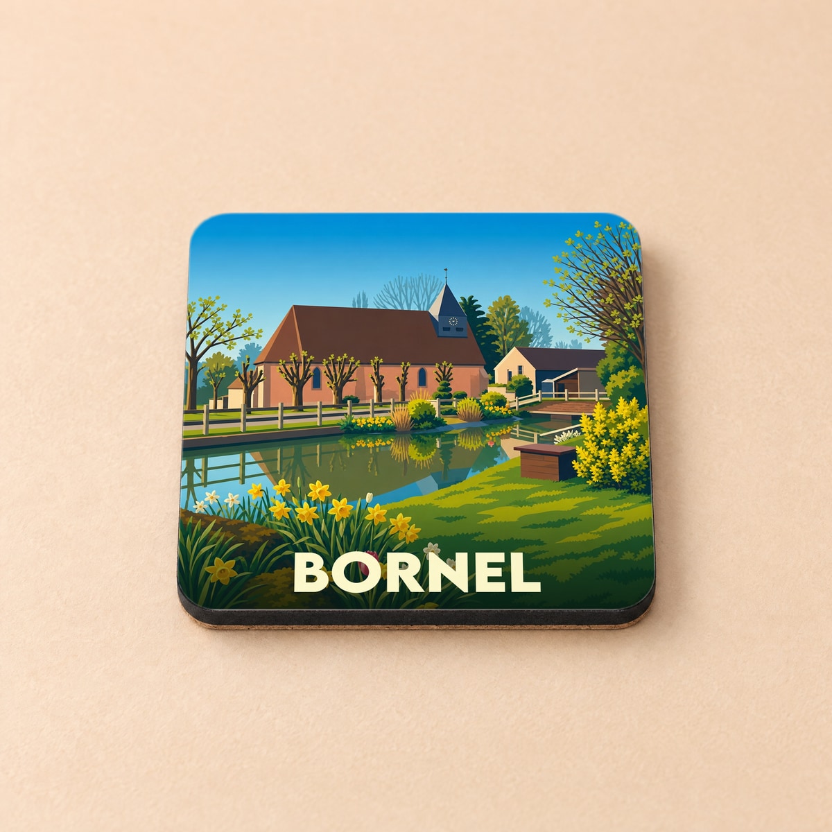 Dessous de verre souvenir de la ville de Bornel avec une illustration stylisée d'un paysage printanier.