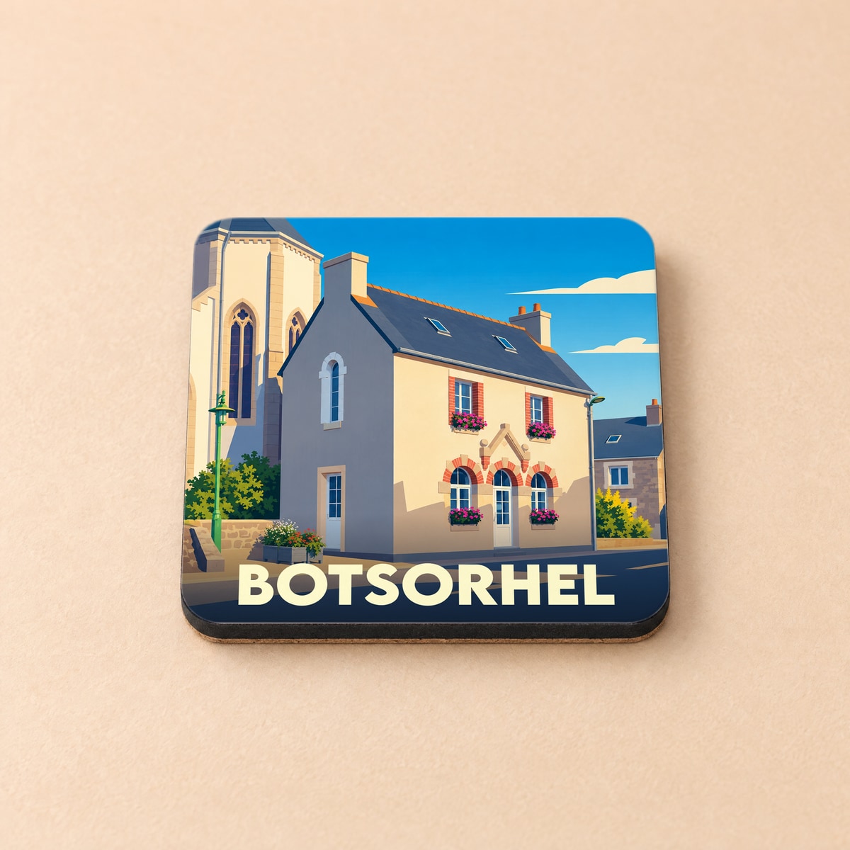 Dessous de verre souvenir de la ville de Botsorhel avec une illustration stylisée.