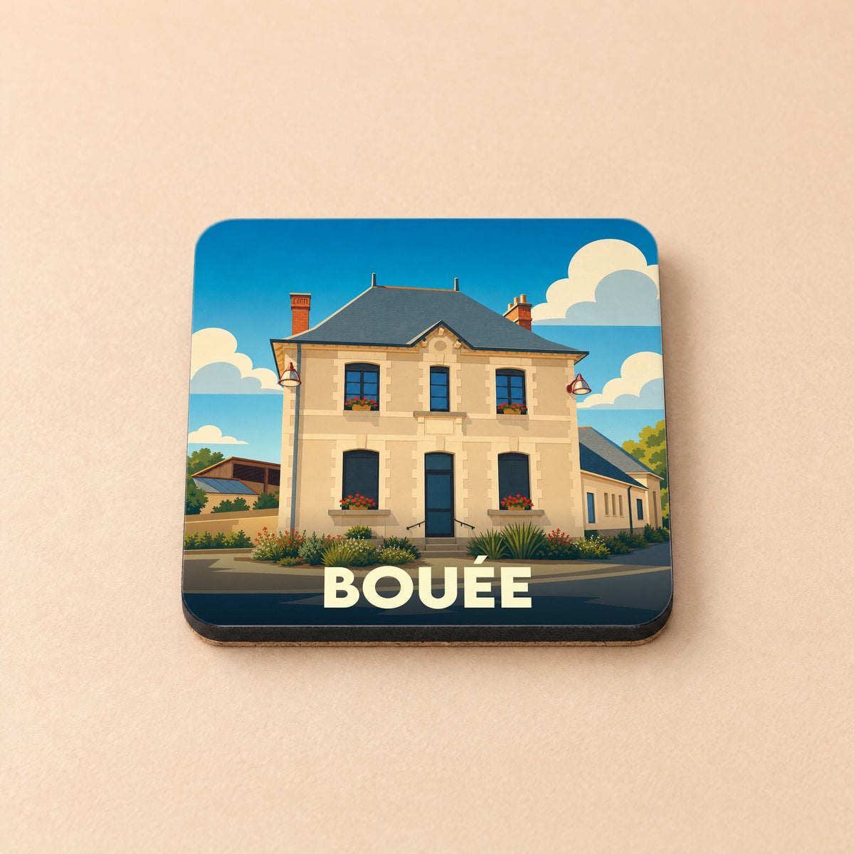 Dessous de verre souvenir de la ville de Bouée avec une illustration stylisée de sa mairie.