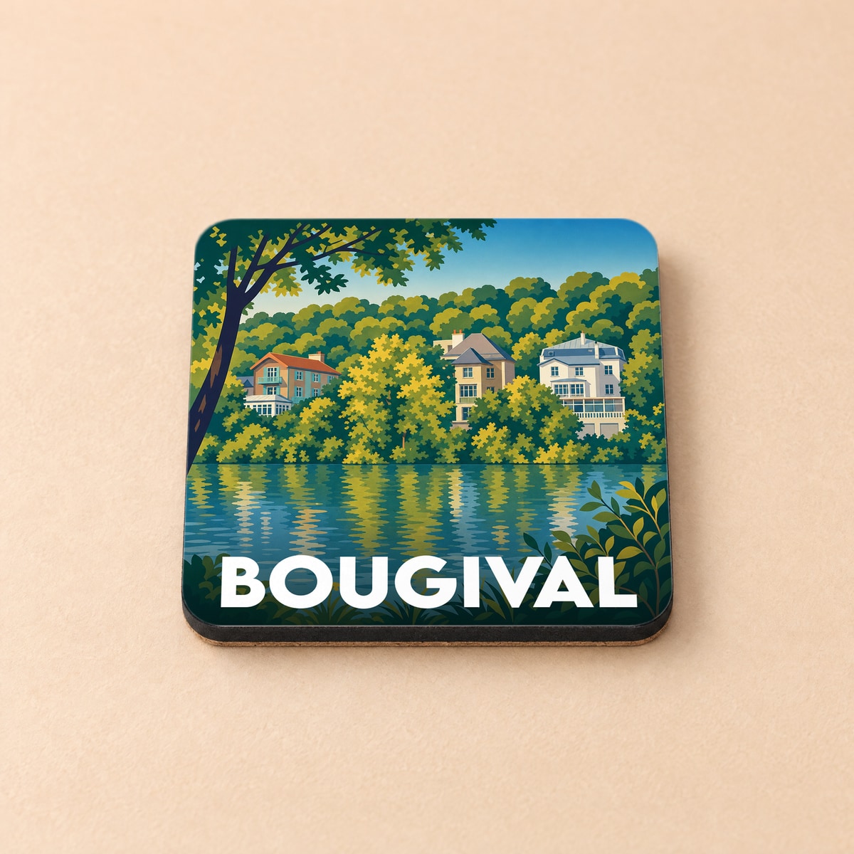 Dessous de verre souvenir de la ville de Bougival avec une illustration stylisée des bords de Seine.