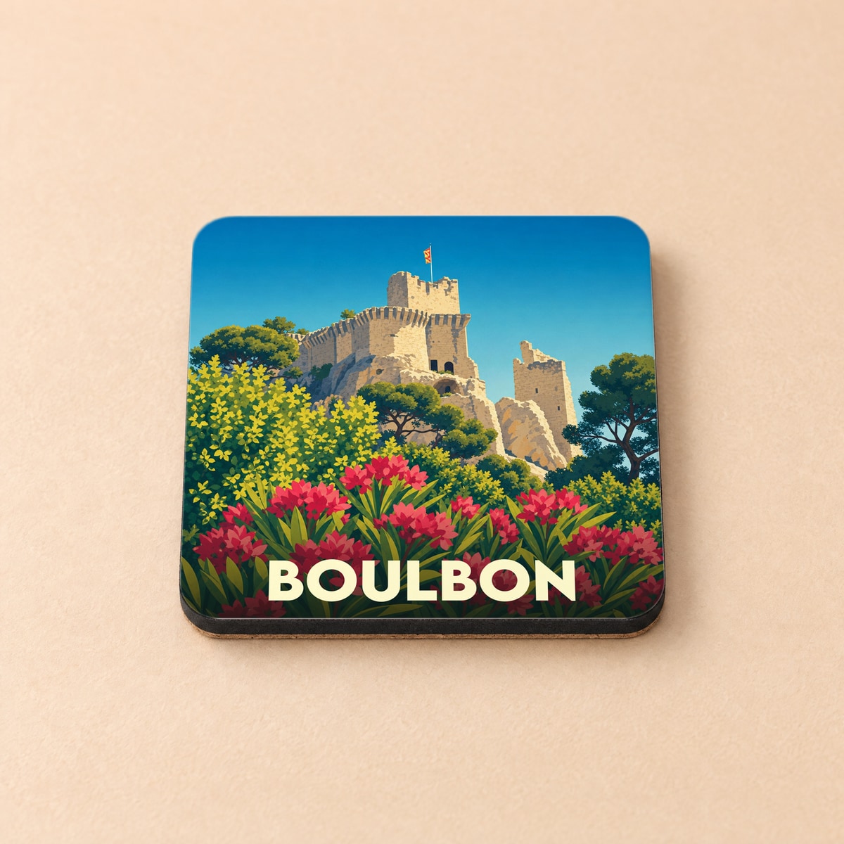 Dessous de verre souvenir de la ville de Boulbon avec une illustration stylisée de son château médiéval.