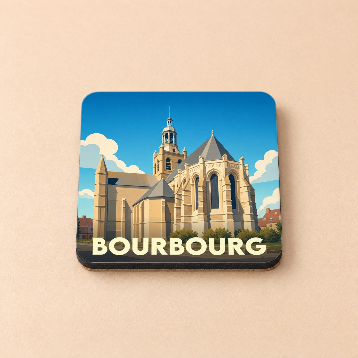 Dessous de verre souvenir de la ville de Bourbourg avec une illustration stylisée de son église.