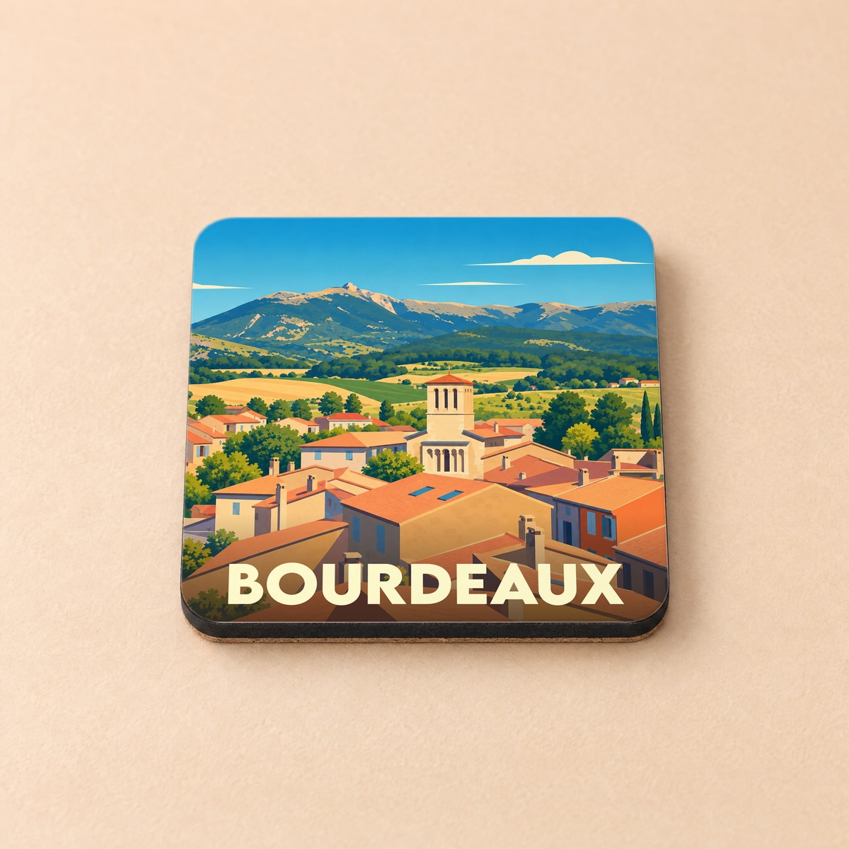 Dessous de verre souvenir de la ville de Bourdeaux avec une illustration stylisée d'un village provençal.