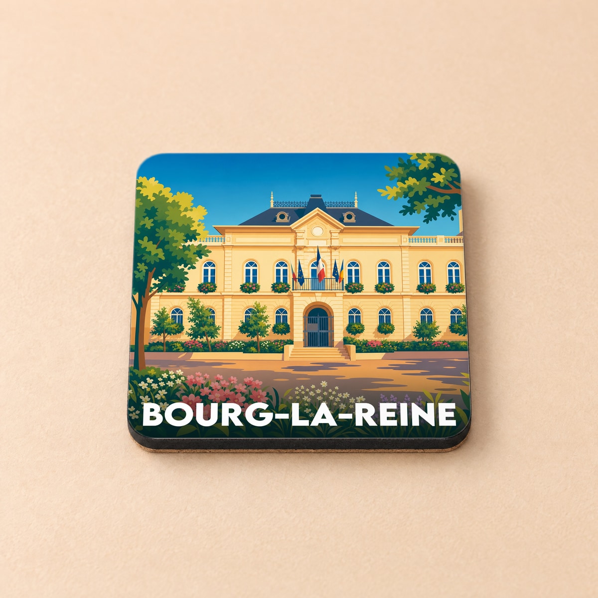 Dessous de verre souvenir de la ville de Bourg-la-Reine avec une illustration stylisée de l'hôtel de ville.