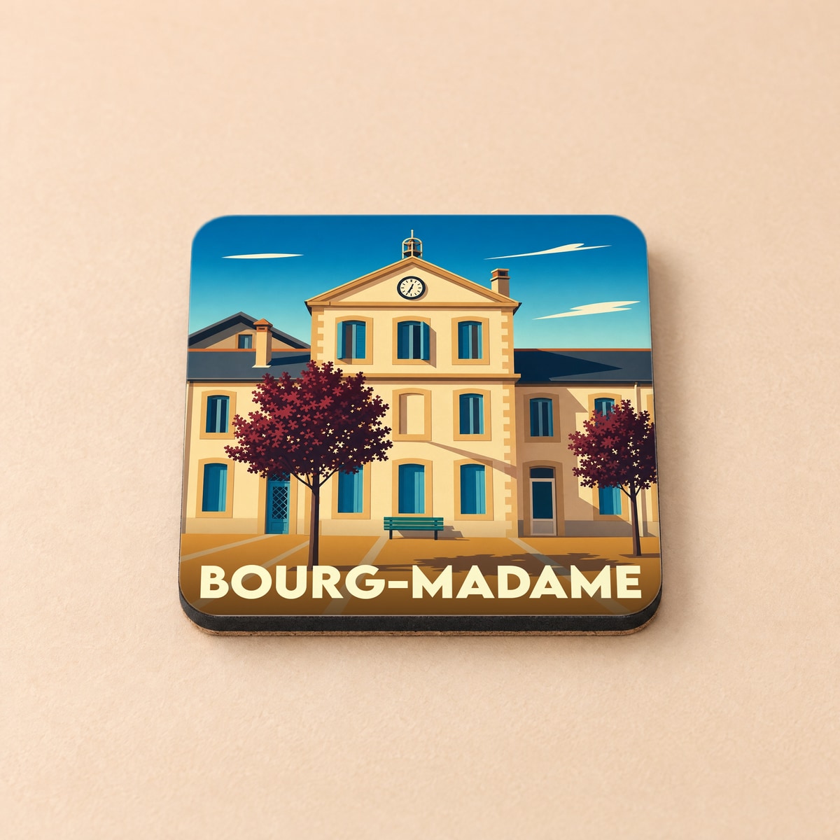 Dessous de verre souvenir de la ville de Bourg-Madame avec une illustration stylisée de son hôtel de ville.