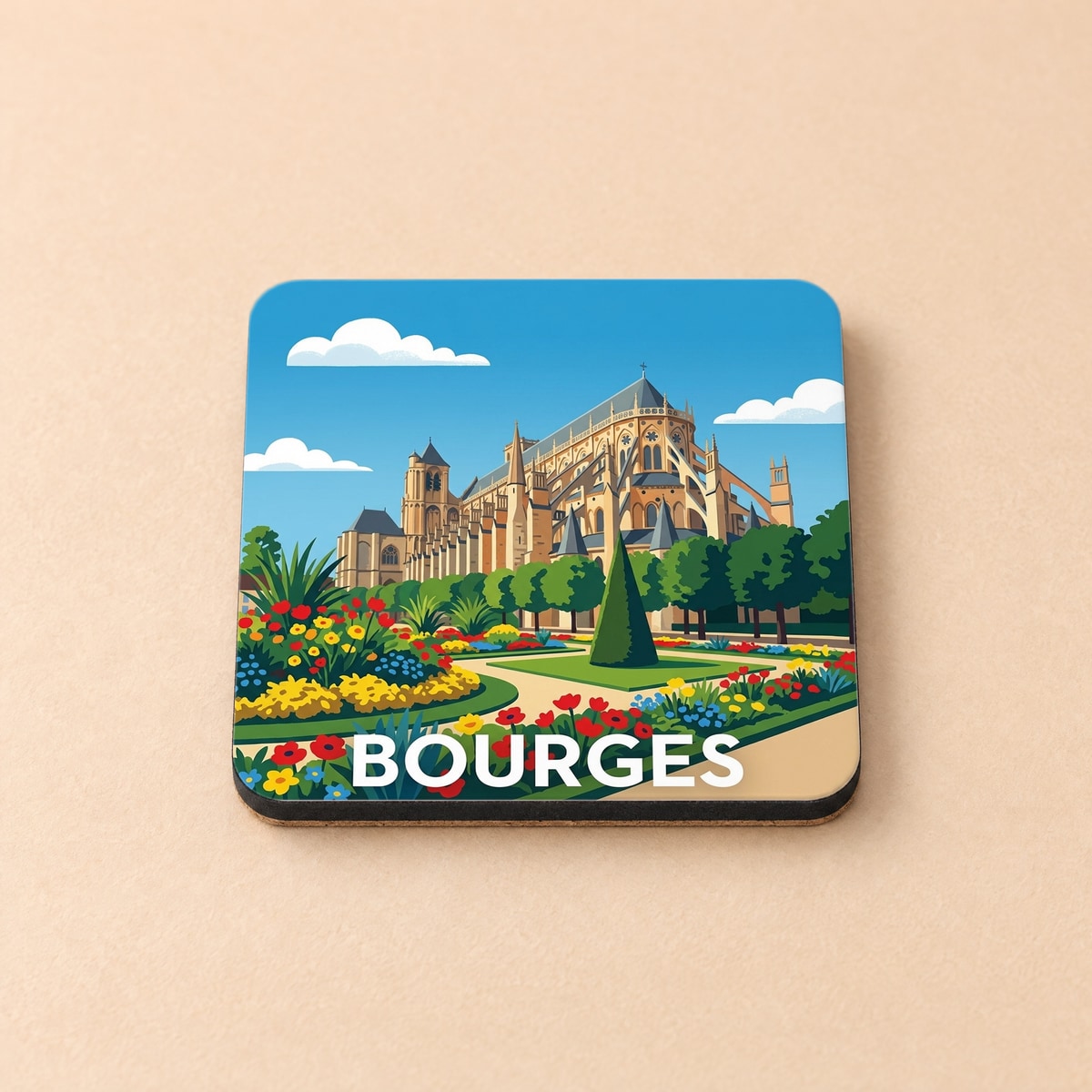 Dessous de verre souvenir de la ville de Bourges avec une illustration stylisée de sa cathédrale et de ses jardins.