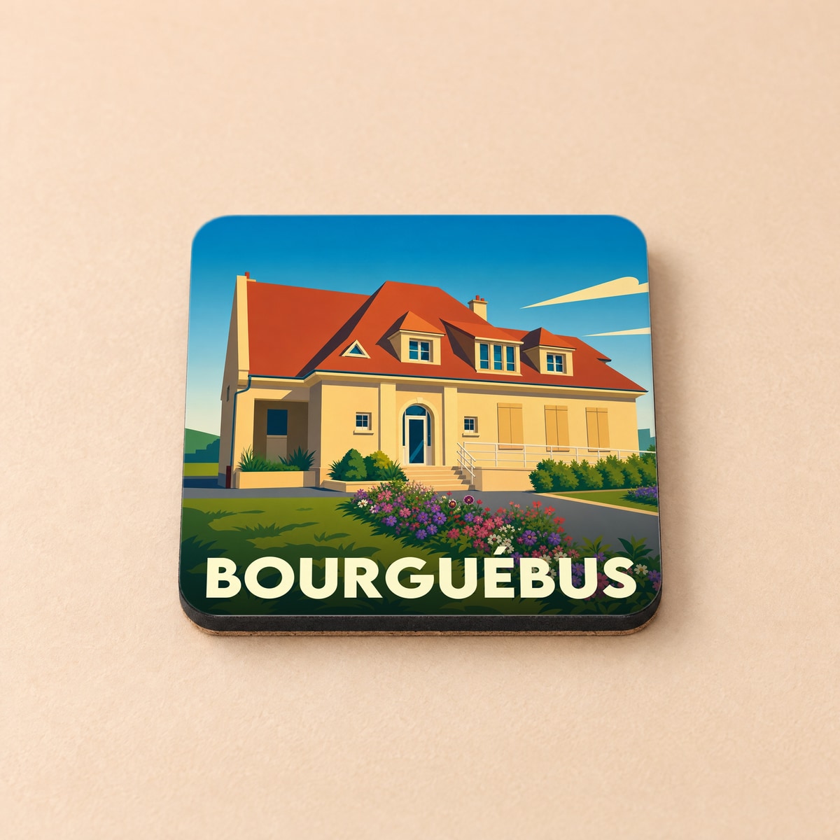 Dessous de verre souvenir de la ville de Bourguébus illustré d'une maison stylisée aux couleurs vives.