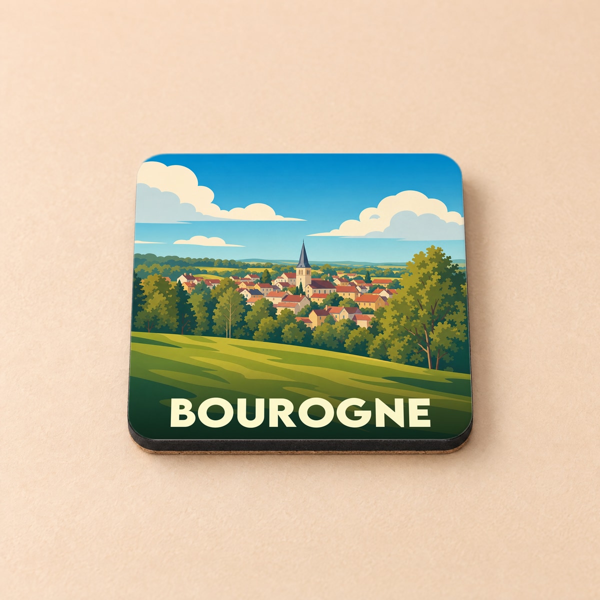 Dessous de verre souvenir de la ville de Bourgogne avec une illustration de paysage champêtre.