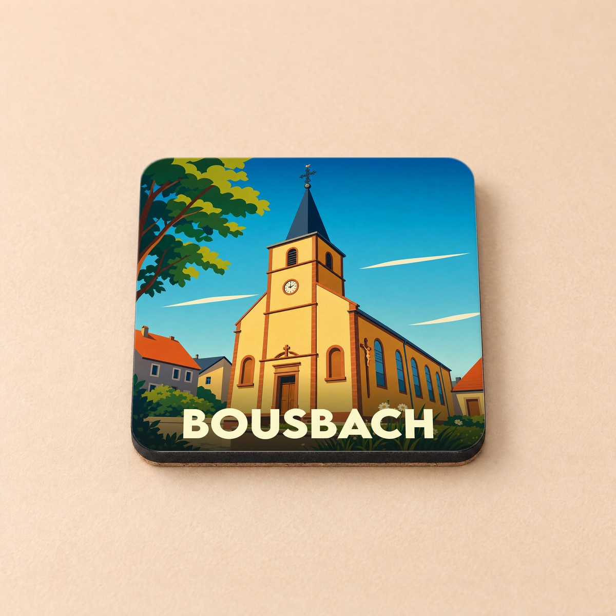 Dessous de verre souvenir de la ville de Bousbach avec une illustration stylisée de son église.