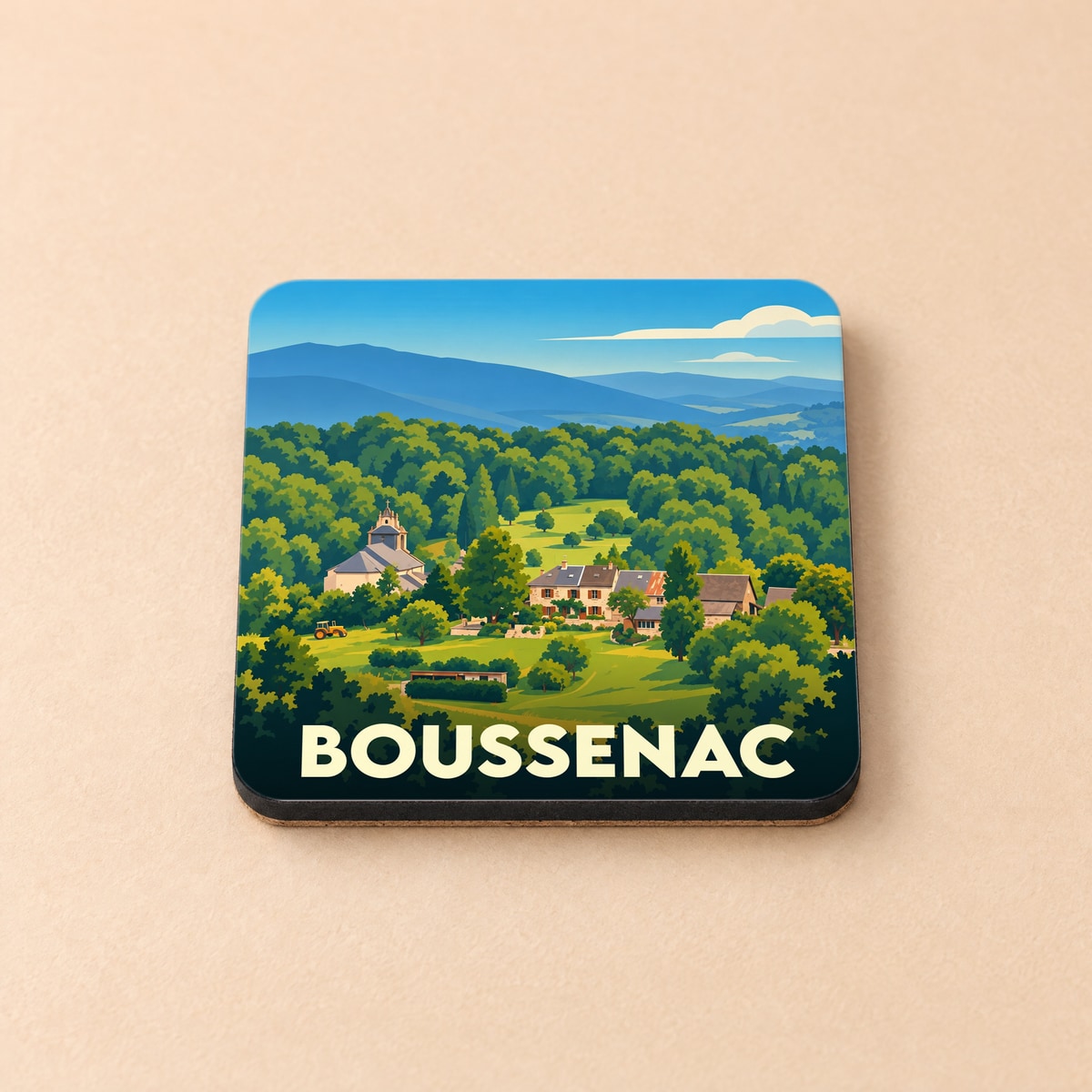 Dessous de verre souvenir de la ville de Boussenac avec une illustration stylisée de son paysage vallonné.