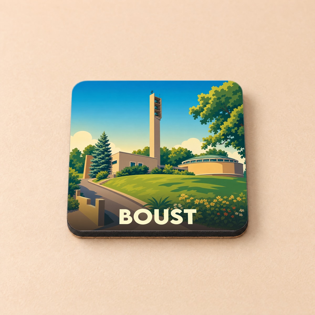Dessous de verre souvenir de la ville de Boust avec une illustration stylisée.