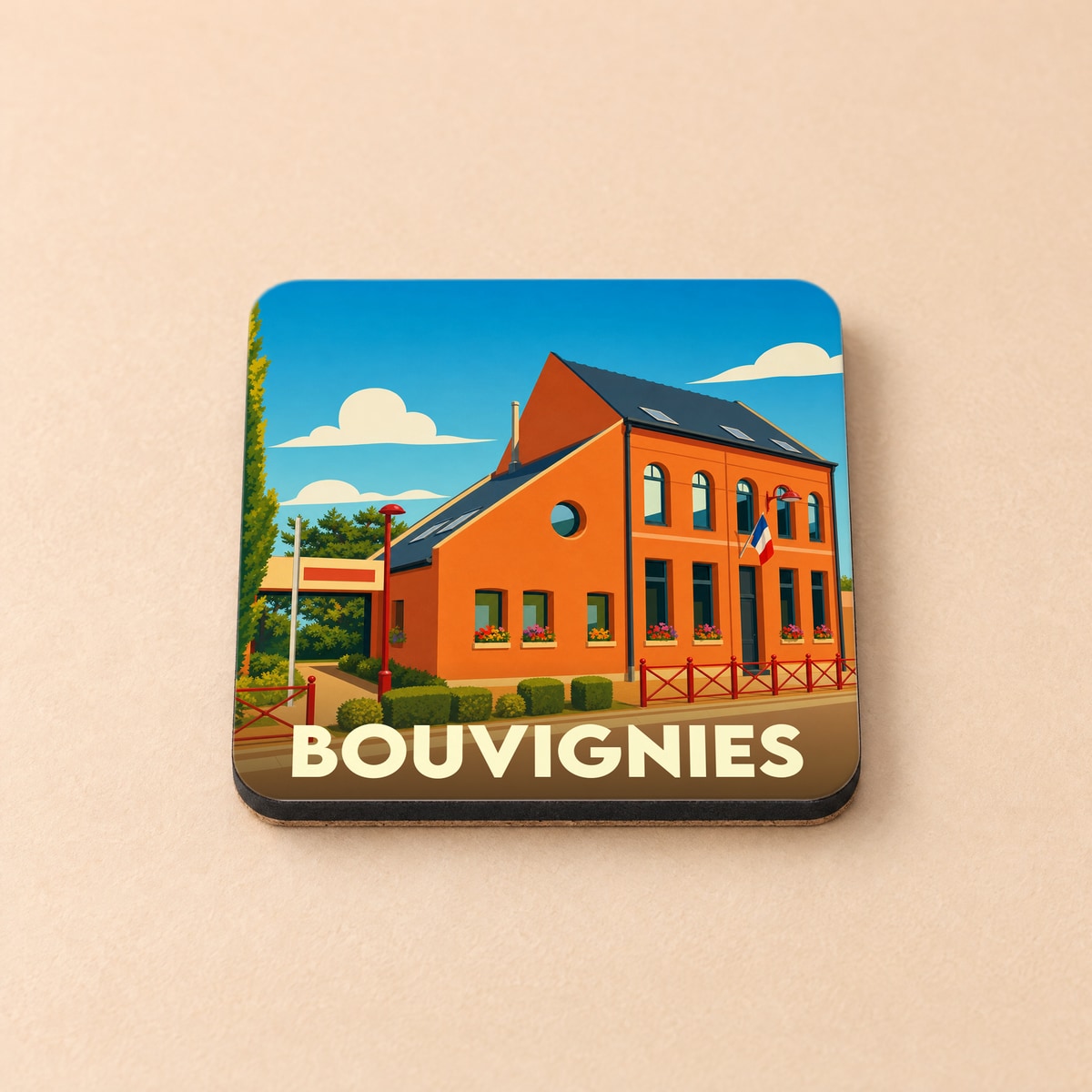 Dessous de verre souvenir de la ville de Bouvignies avec une illustration stylisée.