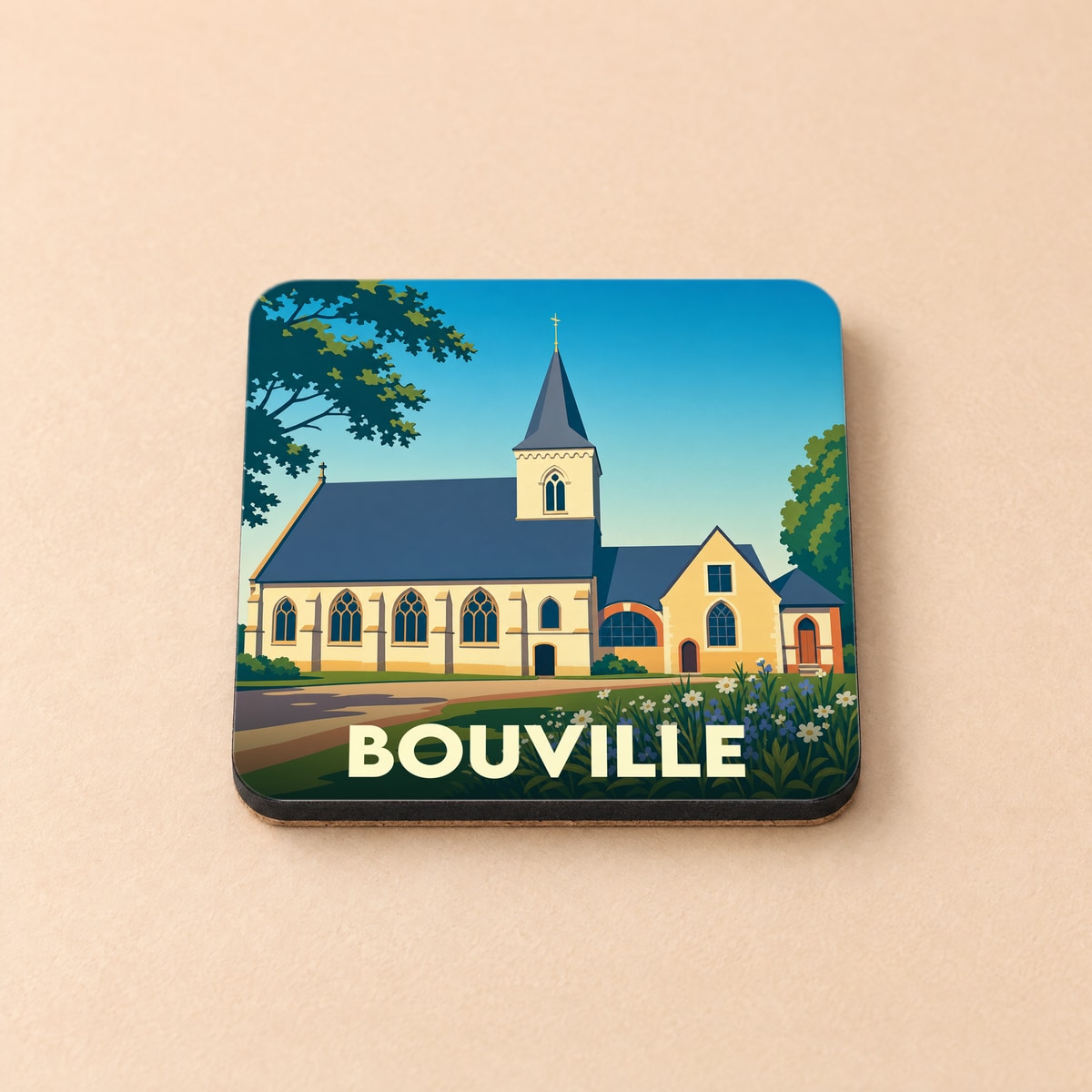 Dessous de verre souvenir de la ville de Bouville avec une illustration stylisée de son église.