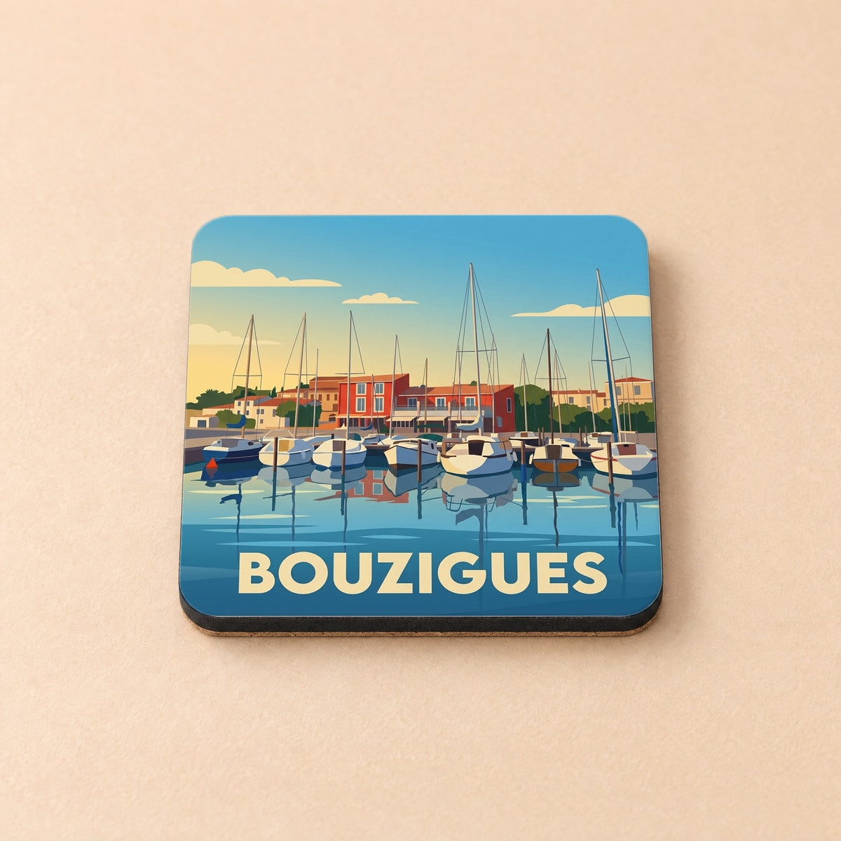Dessous de verre souvenir de la ville de Bouzigues avec une illustration stylisée de son port.