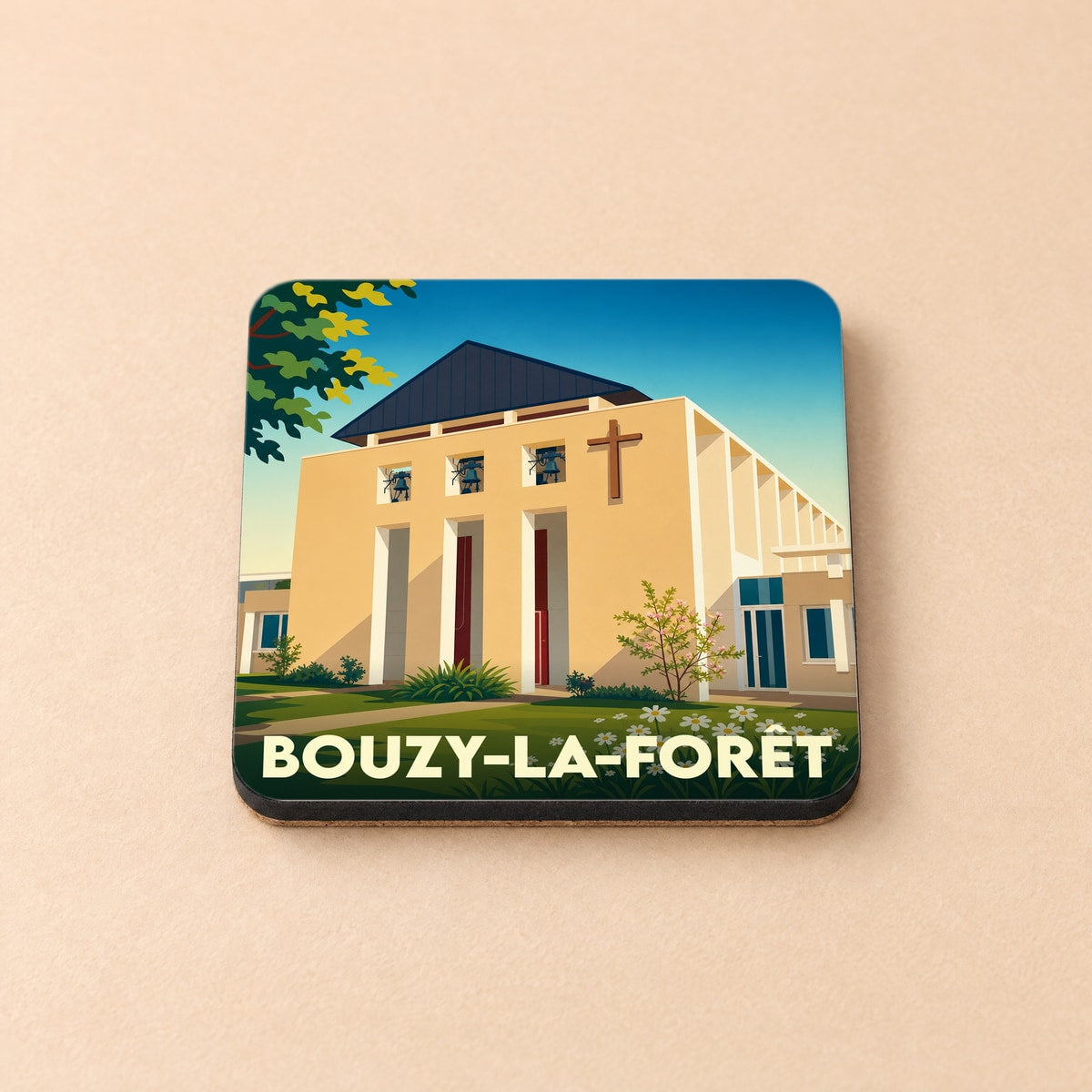 Dessous de verre souvenir de la ville de Bouzy-la-Forêt avec une illustration stylisée de son église.
