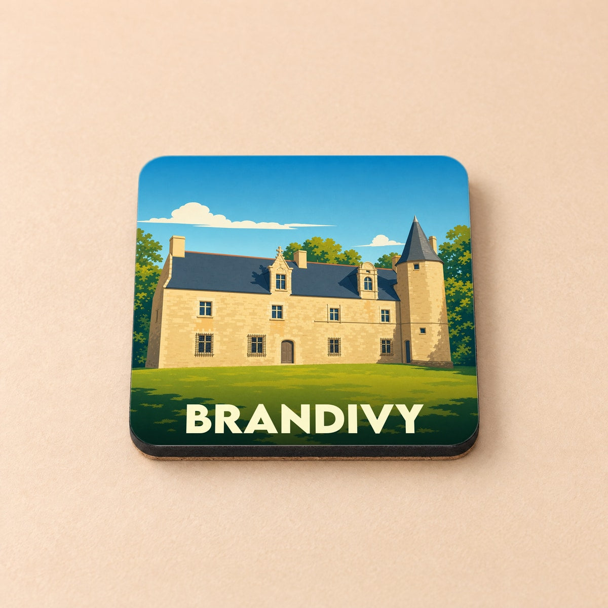 Dessous de verre souvenir de la ville de Brandivy avec une illustration stylisée de son patrimoine.