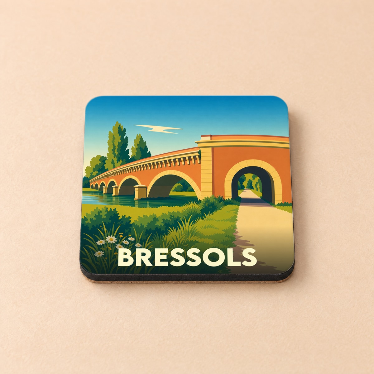 Dessous de verre souvenir de la ville de Bressols avec une illustration stylisée d'un pont en briques.