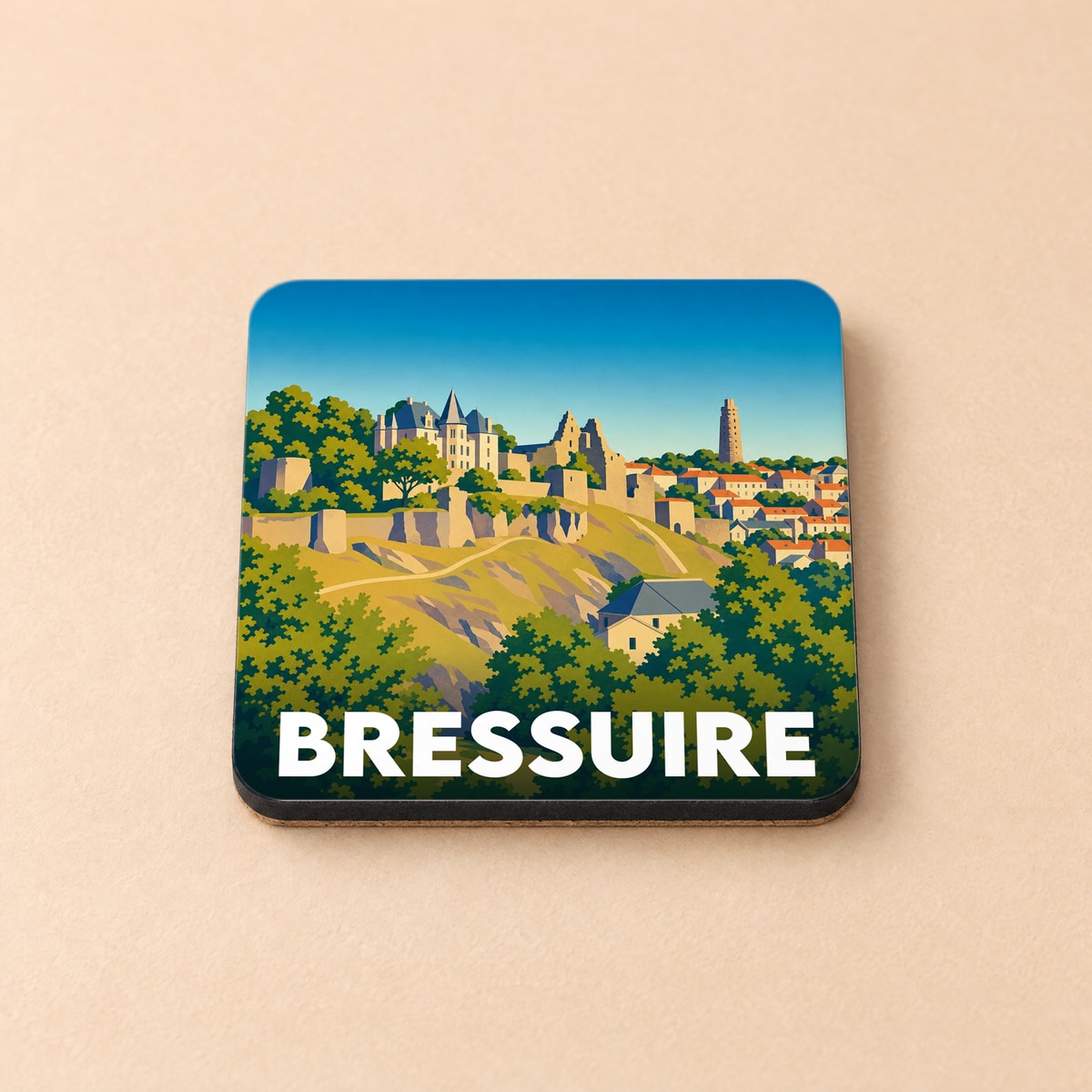Dessous de verre souvenir de la ville de Bressuire avec une illustration stylisée de son château et de son paysage urbain.