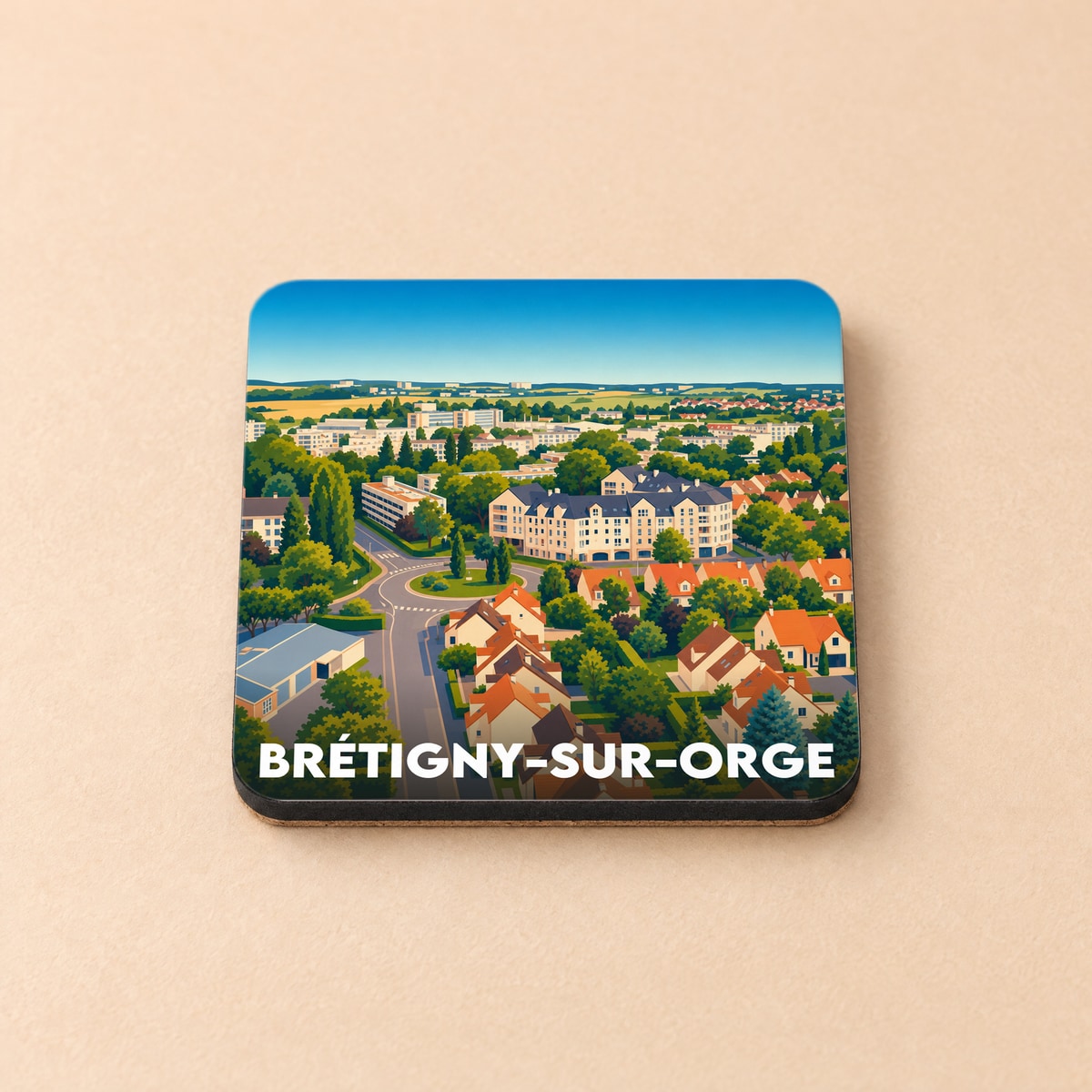Dessous de verre souvenir de la ville de Brétigny-sur-Orge avec une illustration urbaine stylisée.