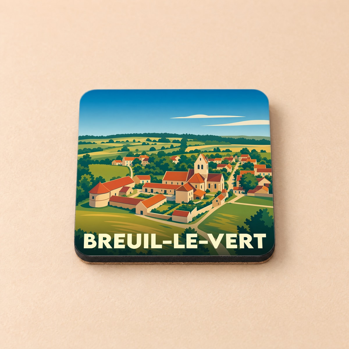 Dessous de verre souvenir de la ville de Breuil-le-Vert avec une illustration stylisée de son paysage champêtre.