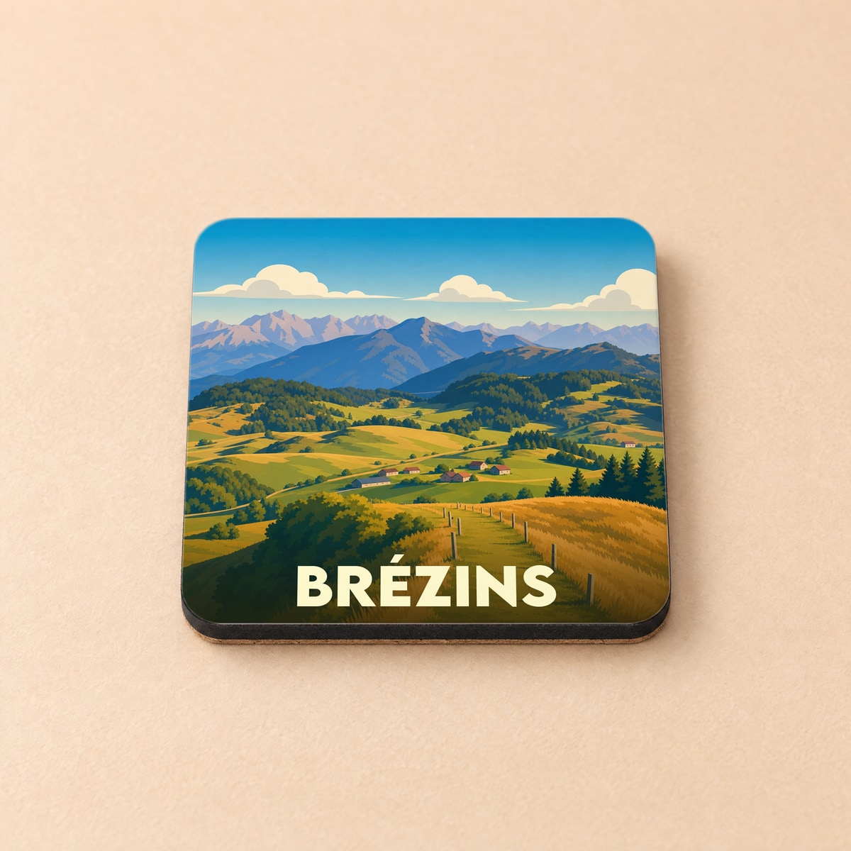 Dessous de verre souvenir de la ville de Brézins avec une illustration de paysage montagneux.