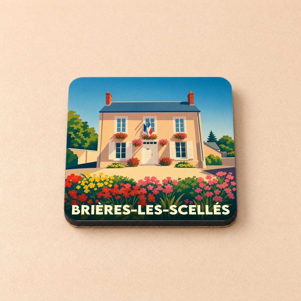 Dessous de verre souvenir de Brières-les-Scellés illustrant l'hôtel de ville fleuri dans un style rétro.