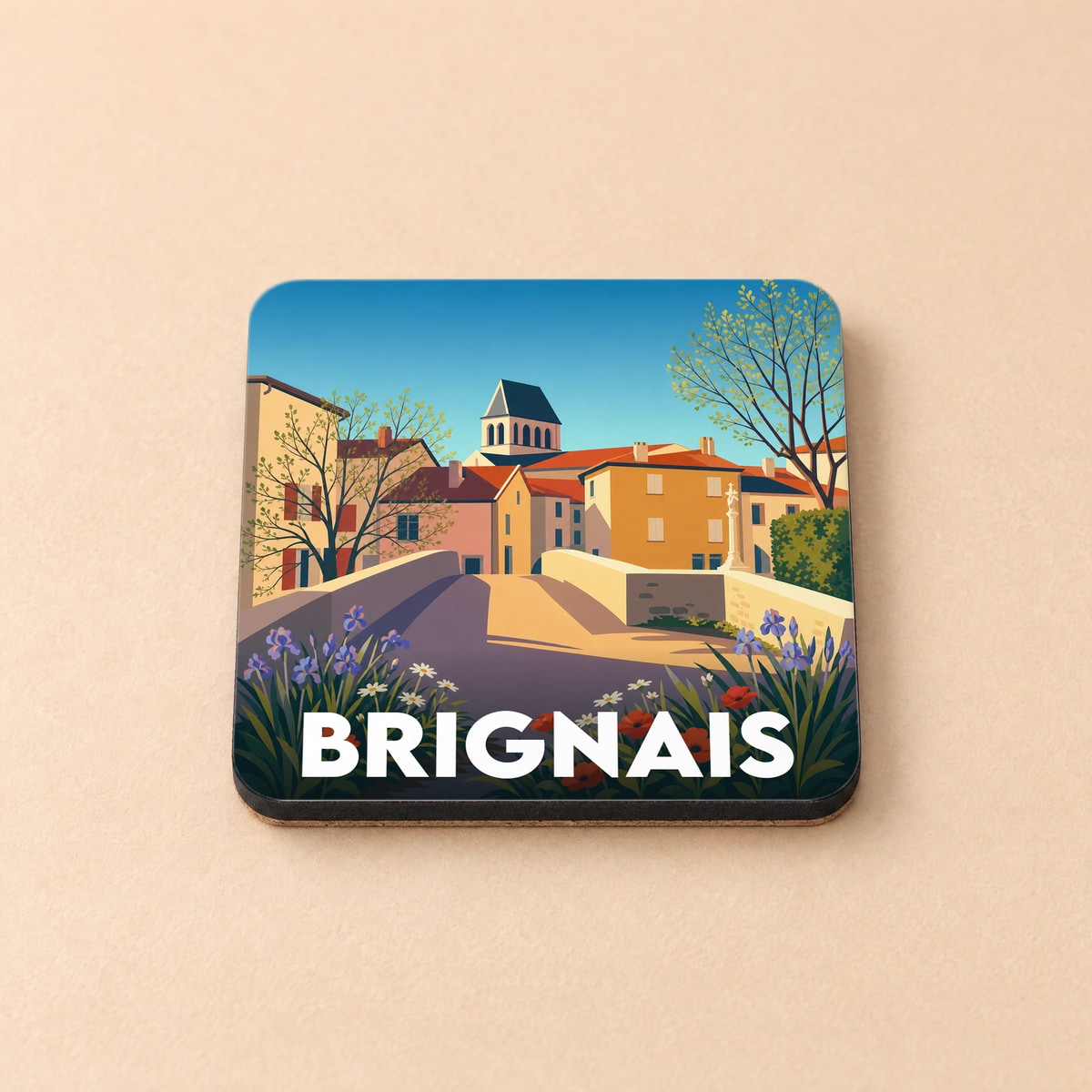 Dessous de verre souvenir de la ville de Brignais avec une illustration colorée et stylisée de son paysage urbain.