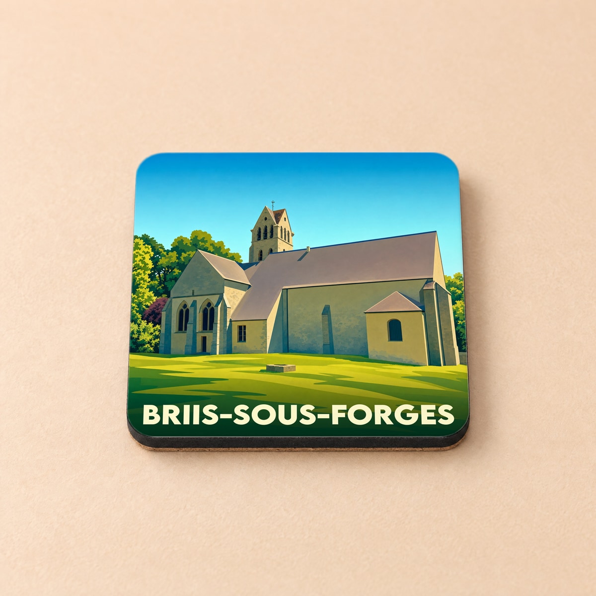 Dessous de verre souvenir de la ville de Briis-sous-Forges avec une illustration stylisée de son église.