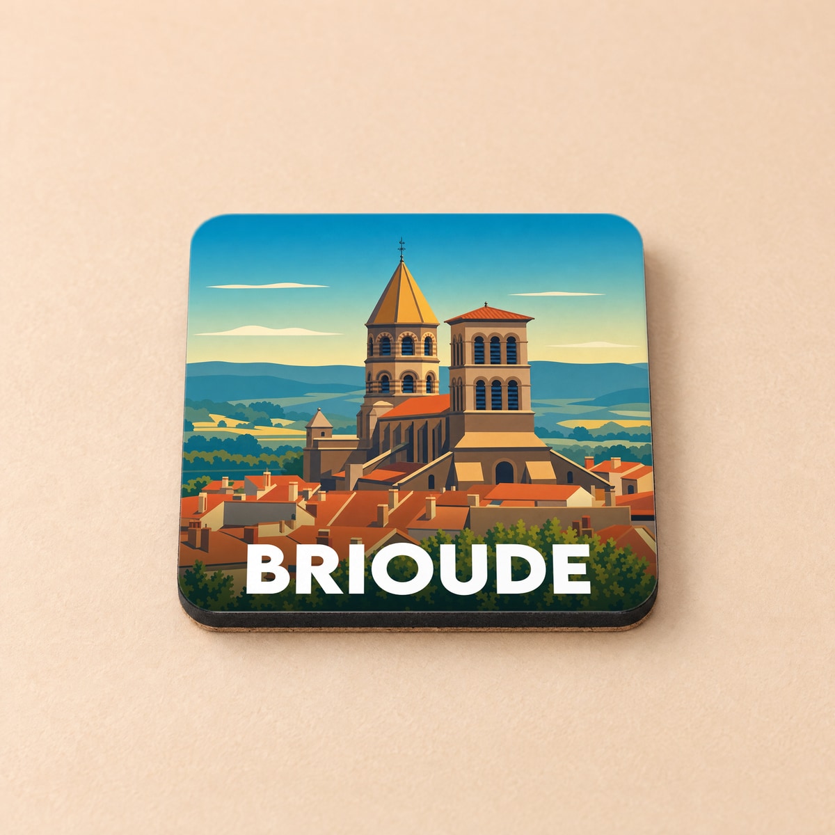 Dessous de verre souvenir de la ville de Brioude avec une illustration stylisée de sa basilique.