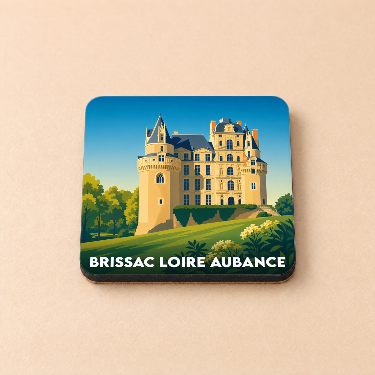 Dessous de verre souvenir de Brissac-Loire-Aubance avec une illustration stylisée de son château.