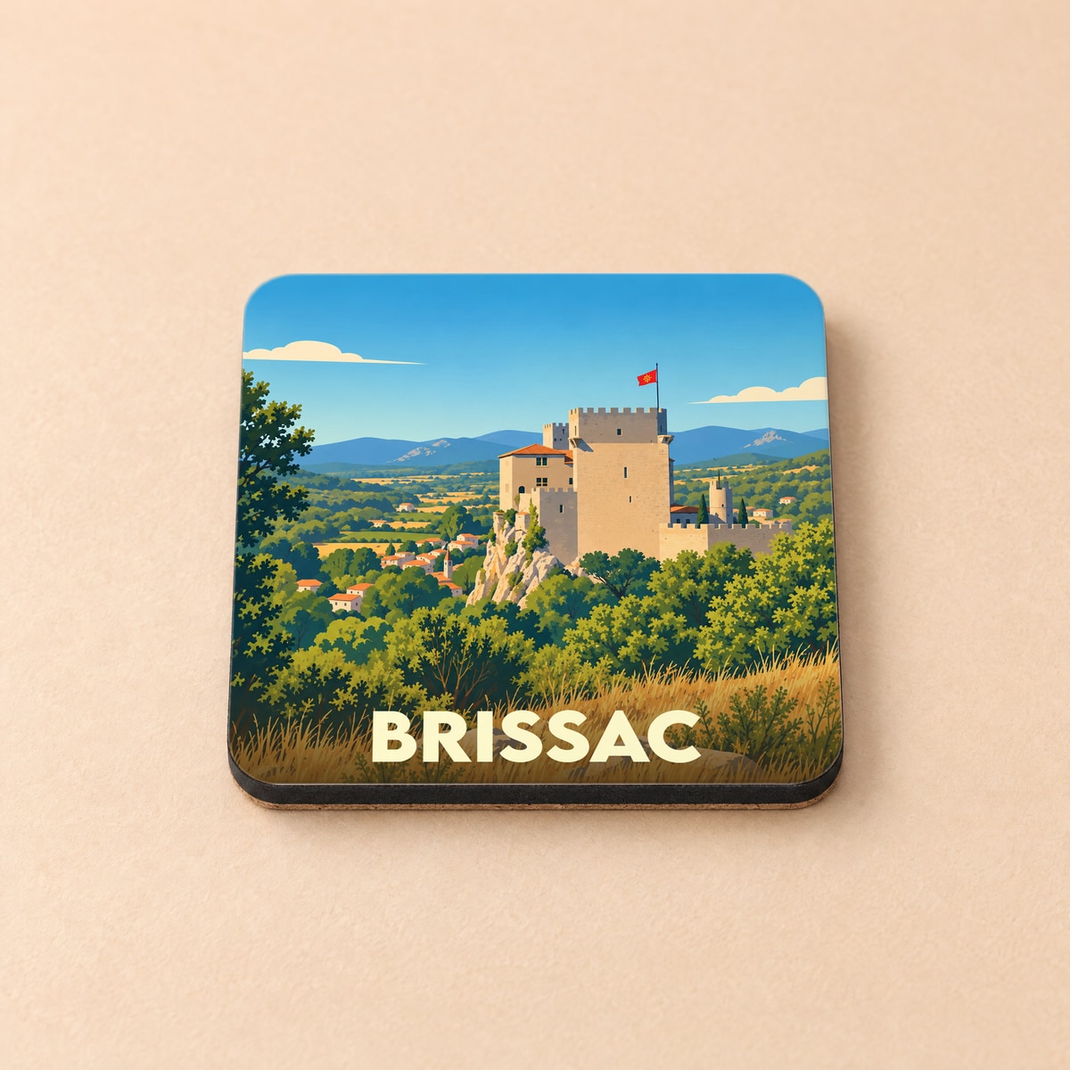 Dessous de verre souvenir de la ville de Brissac avec une illustration stylisée de son château.
