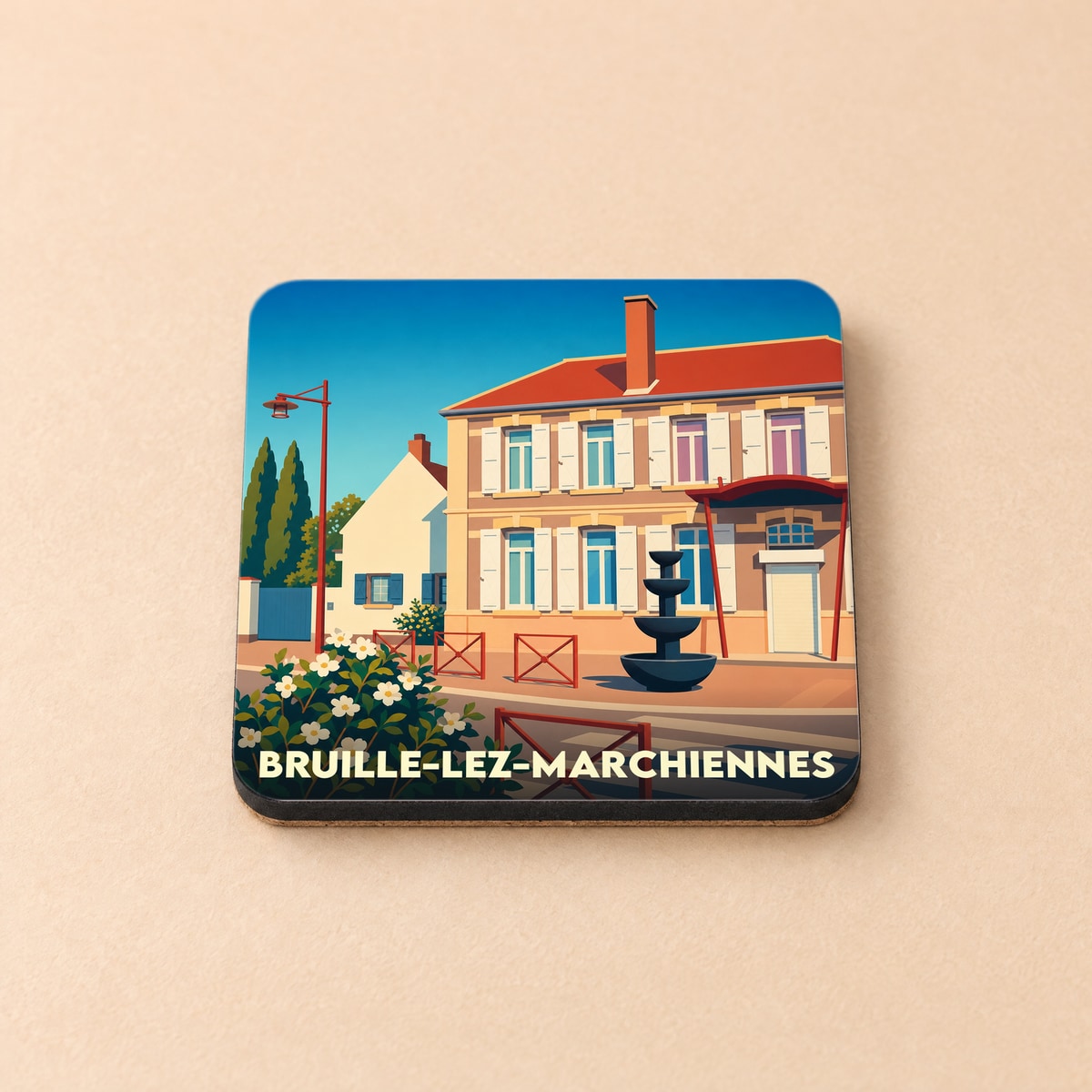 Dessous de verre souvenir de la ville de Bruille-lez-Marchiennes avec une illustration stylisée de son architecture locale.