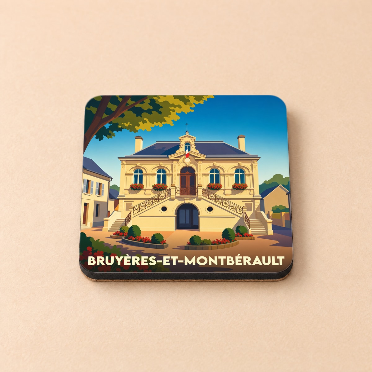 Dessous de verre souvenir de la ville de Bruyères-et-Montbérault avec une illustration stylisée de son hôtel de ville.