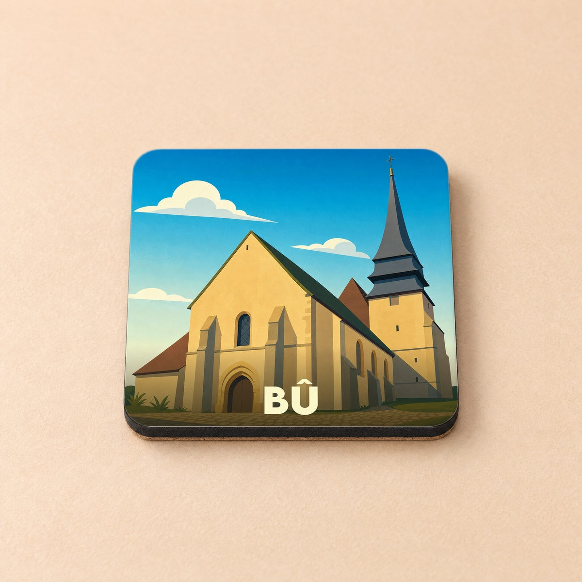 Dessous de verre souvenir de la ville de Bû avec une illustration stylisée de son église.