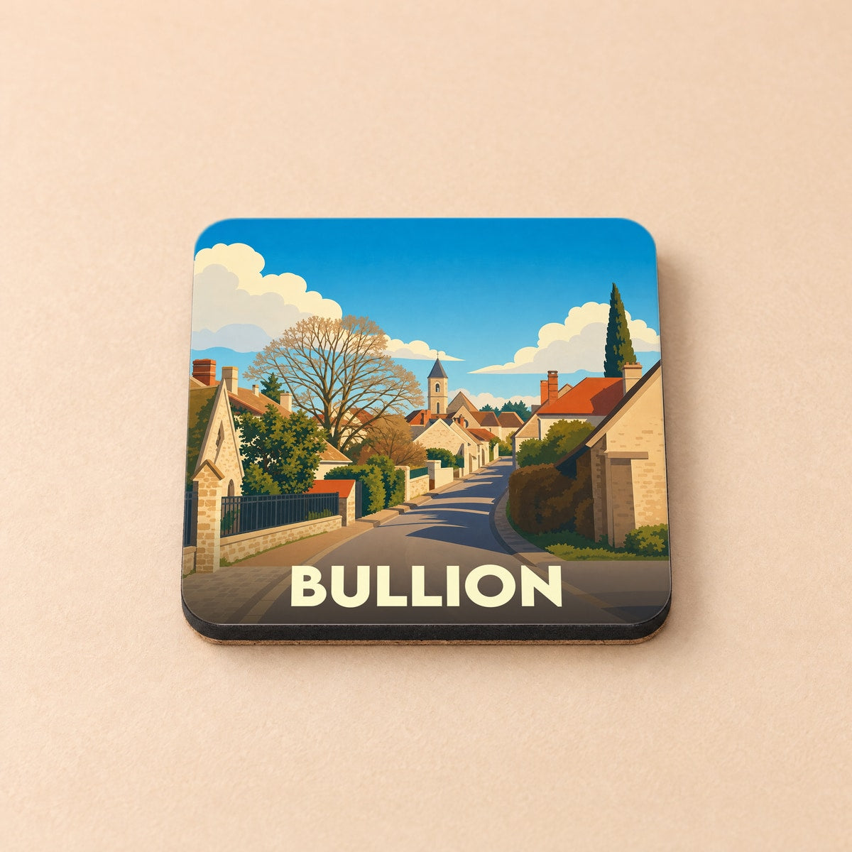 Dessous de verre souvenir de la ville de Bullion avec une illustration stylisée d'un village pittoresque.