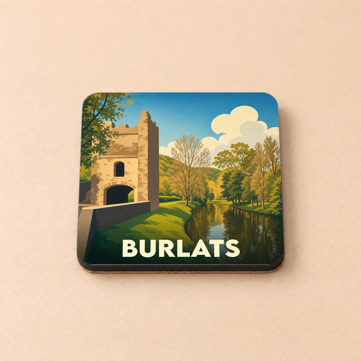 Dessous de verre souvenir de la ville de Burlats avec une illustration stylisée.