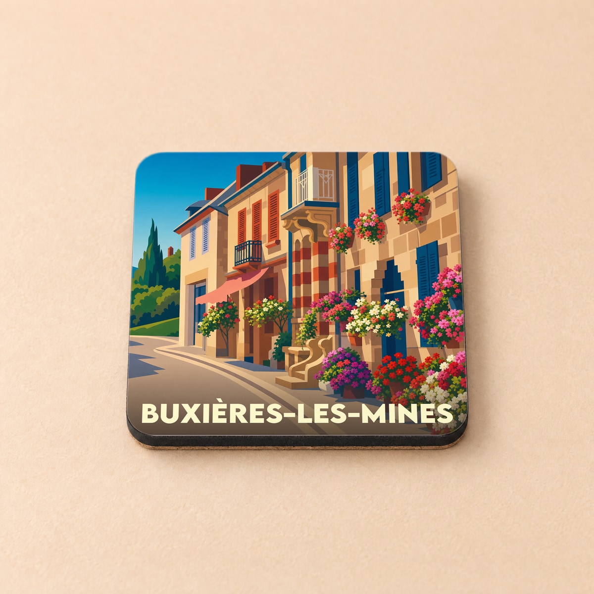 Dessous de verre souvenir de la ville de Buxières-les-Mines avec une illustration stylisée d'une rue fleurie.