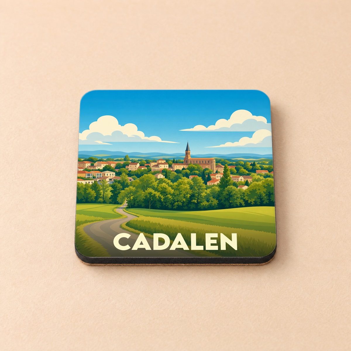 Dessous de verre souvenir de la ville de Cadalen avec une illustration stylisée de son paysage vallonné.