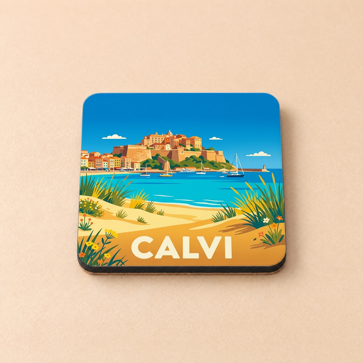 Dessous de verre souvenir de la ville de Calvi avec une illustration stylisée d'un paysage côtier corse.