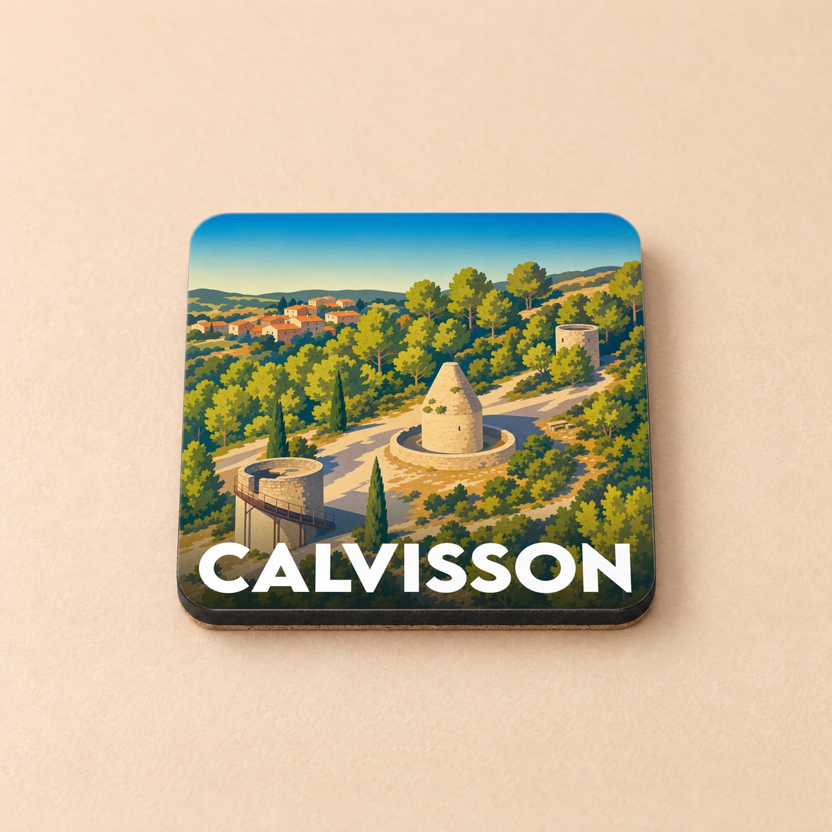 Dessous de verre souvenir de la ville de Calvisson avec une illustration stylisée de ses moulins et collines.