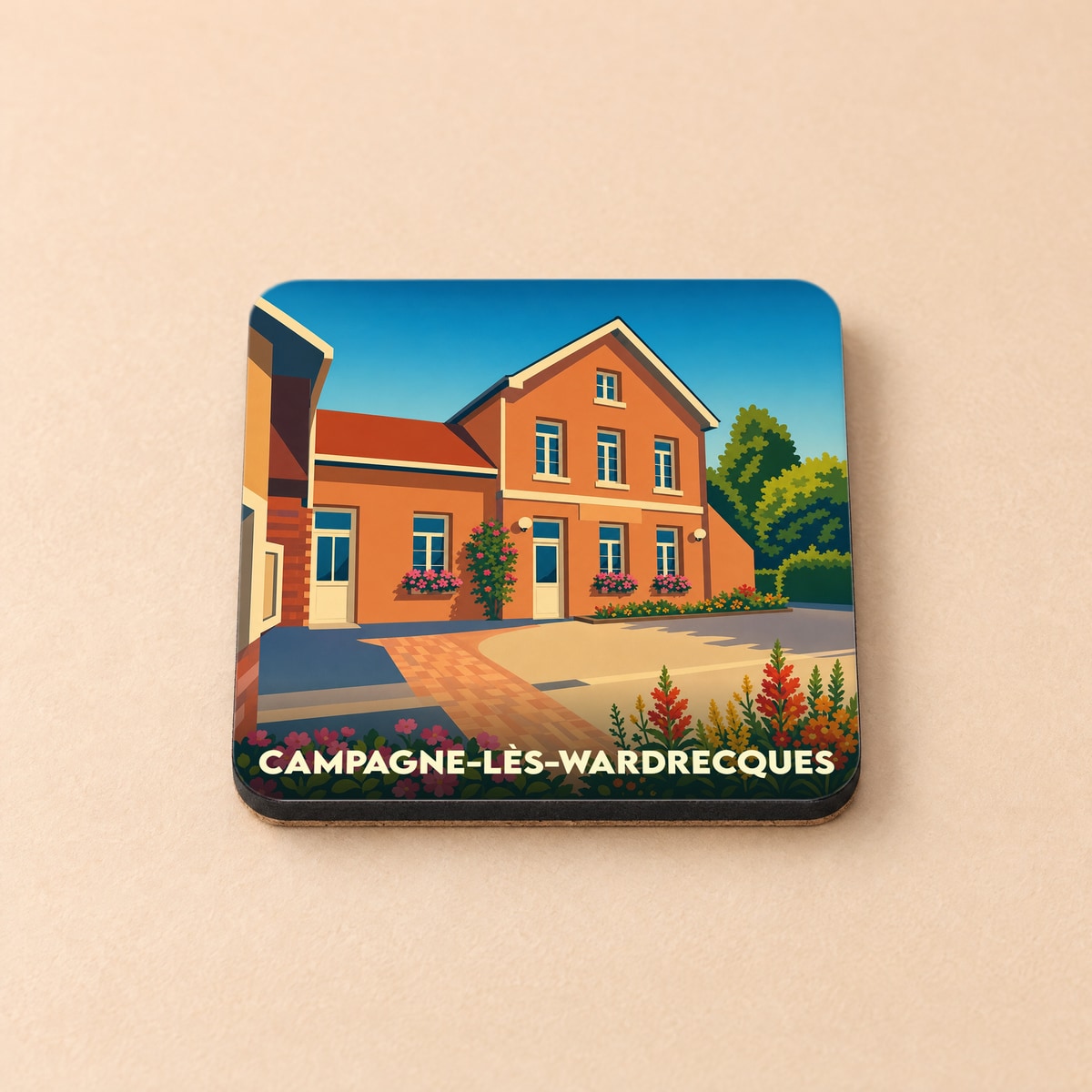 Dessous de verre souvenir de la ville de Campagne-lès-Wardrecques avec une illustration stylisée d'une bâtisse traditionnelle.
