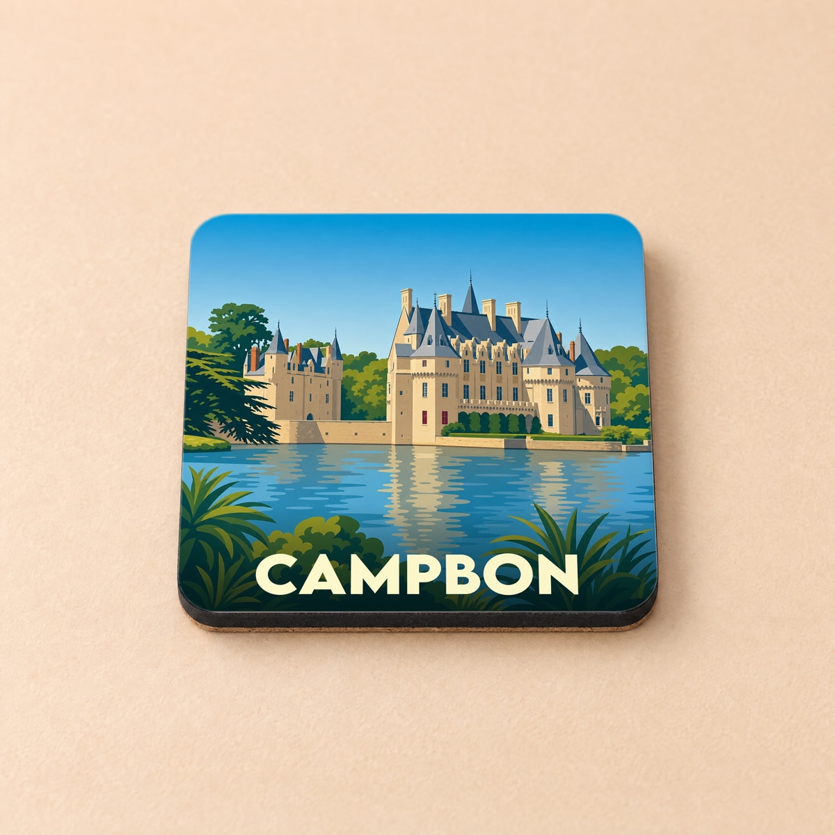 Dessous de verre souvenir de la ville de Campbon illustré d'un château au bord de l'eau.
